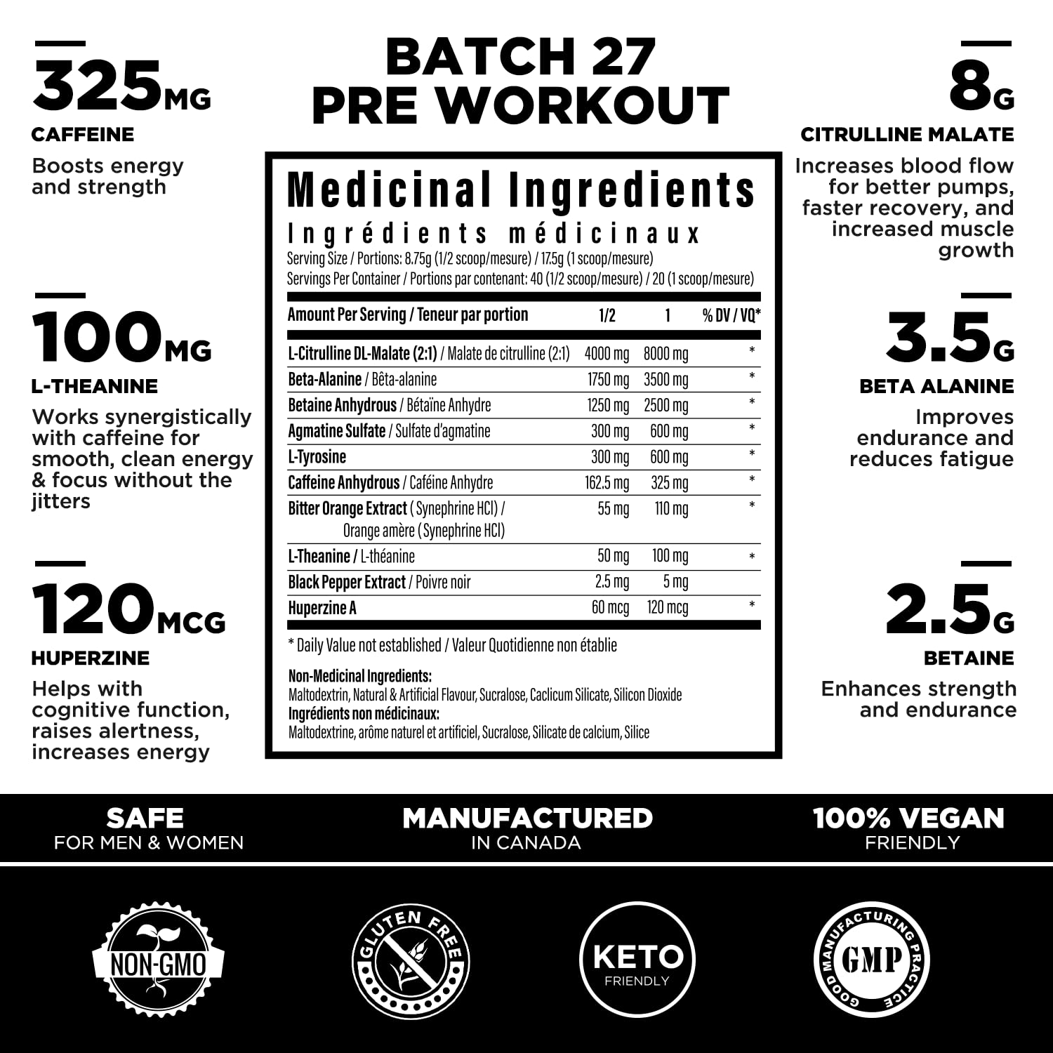 Batch 27 Pre Workout Powder - 8g Citrulline, 3.5g Beta Alanine, 2.5g Betaine, 325mg Caffeine TC Nutrition uk supplements