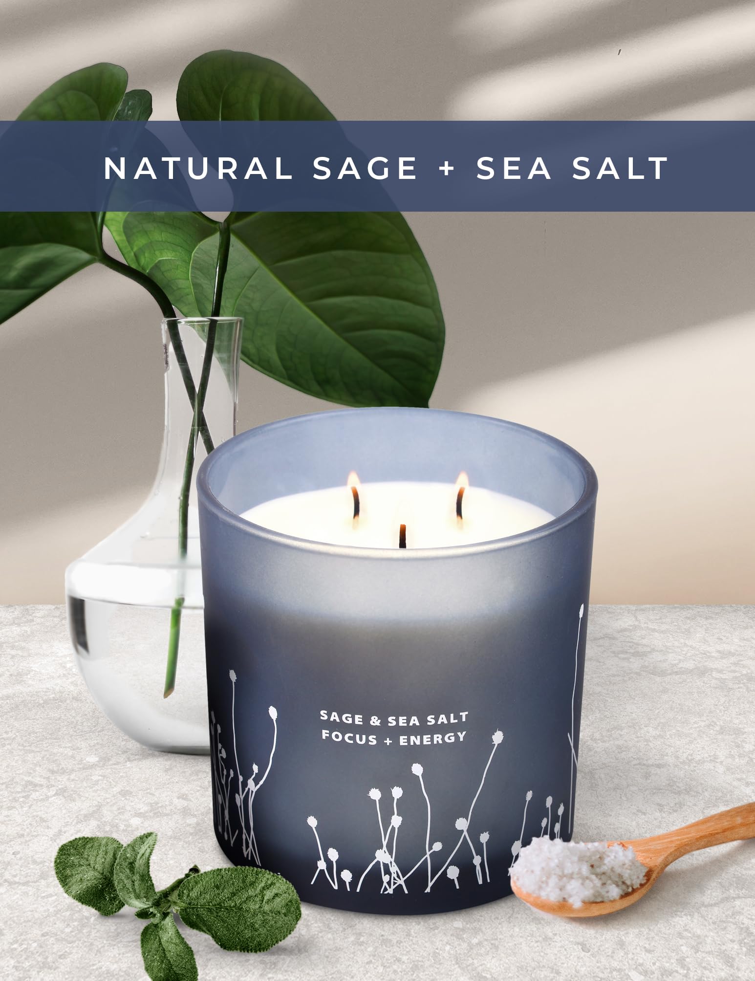 White Sage Sea Salt 3 Wick Candle 14.5 oz | Sage Candles for Cleansing House | Large Soy Candles GIFTAWAY uk supplements