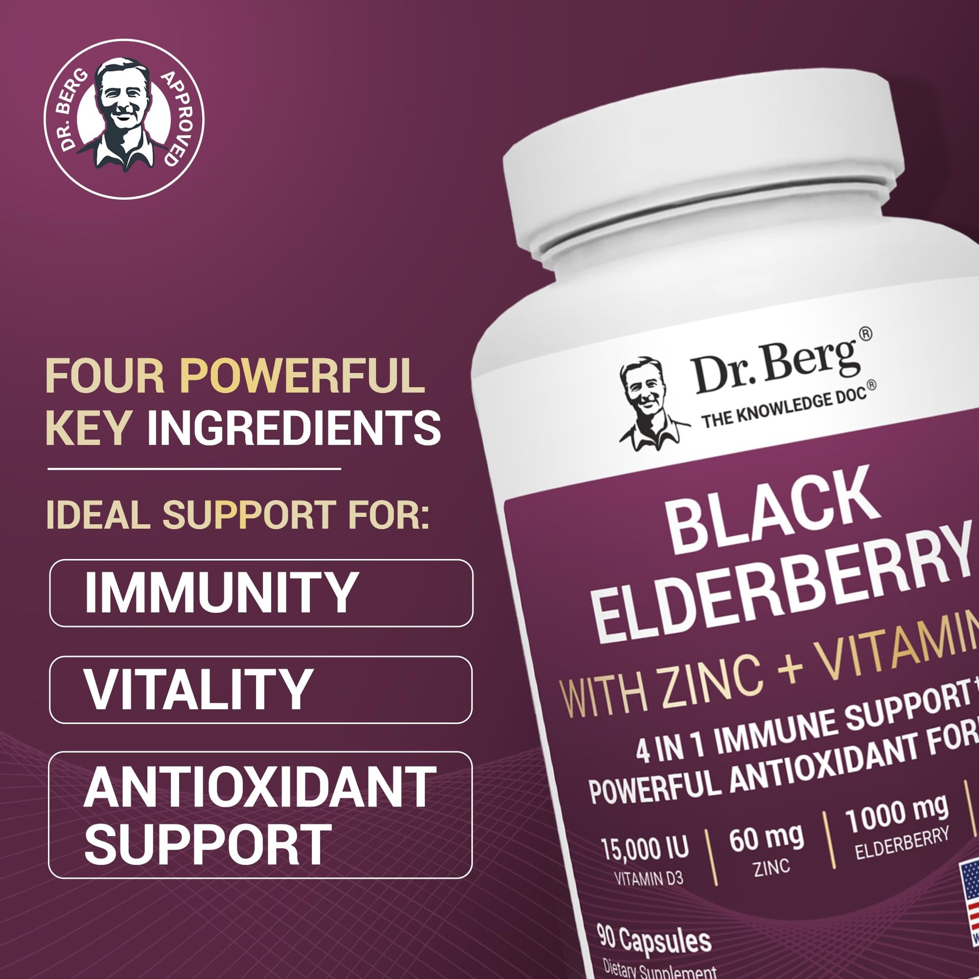 Dr. Berg Black Elderberry Capsules (Advanced Immune Support*) with 15,000 IU Vitamin D, 60 mg of Zinc, & 90 mg of Camu Camu - (4-in-1) Sambucus Elderberry Immune Support Supplement - 90 Capsules Dr. Berg Nutritionals uk supplements