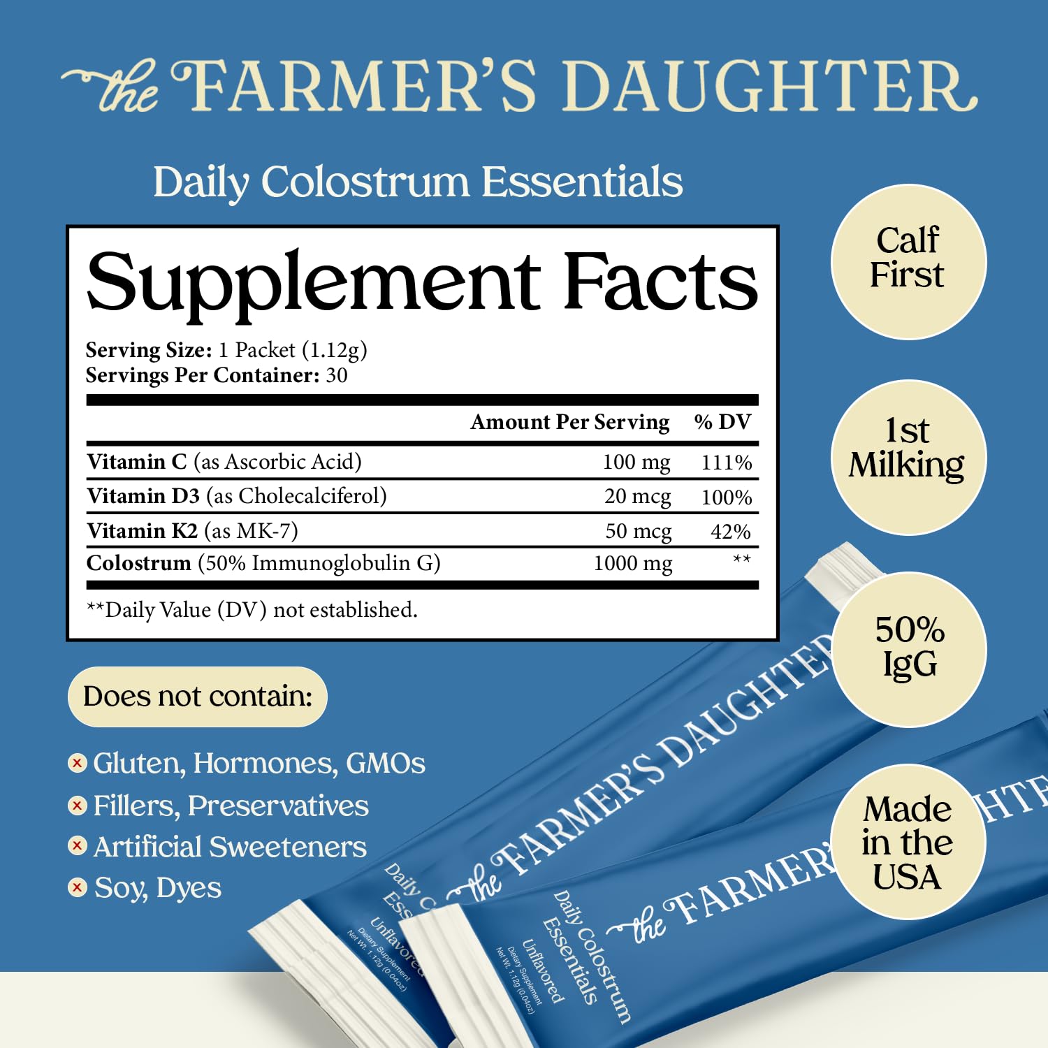THE FARMER'S DAUGHTER Colostrum Powder | Unflavored | Gut Health & Bloating | Hair, Skin & Nails | Immunity Supplement | 30 Individual Travel Stick Packs THE FARMER'S DAUGHTER uk supplements