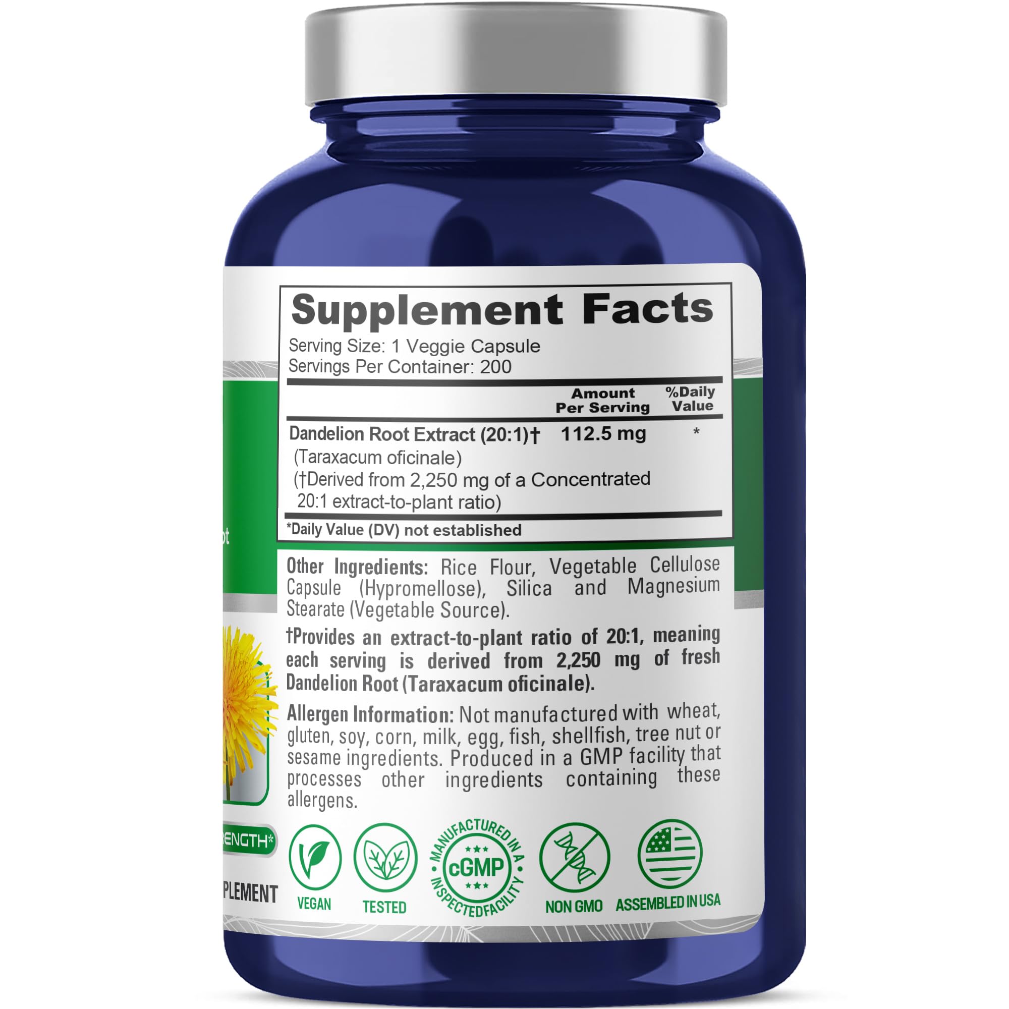 NusaPure Dandelion Root 20:1 Extract, 112.5 mg Equivalent to 2,250 mg 200 Veggie Capsules (Non-GMO, Vegan) NusaPure uk supplements