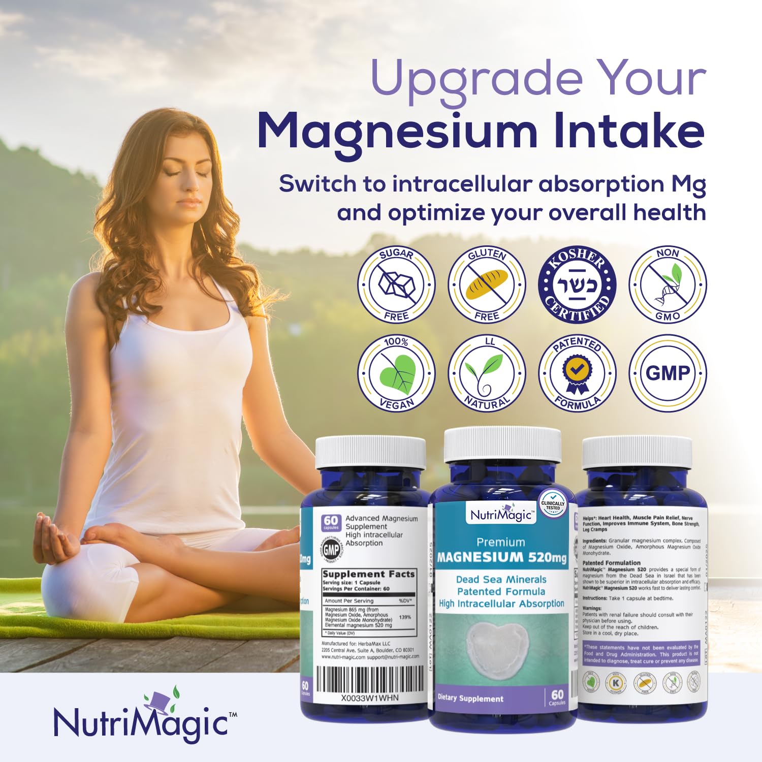NutriMagic 520mg Patented High Absorption Elemental Magnesium from Oxide, Dead Sea Minerals Complex (1 Bottle, 2-Month Supply (60 Capsules)) NutriMagic uk supplements