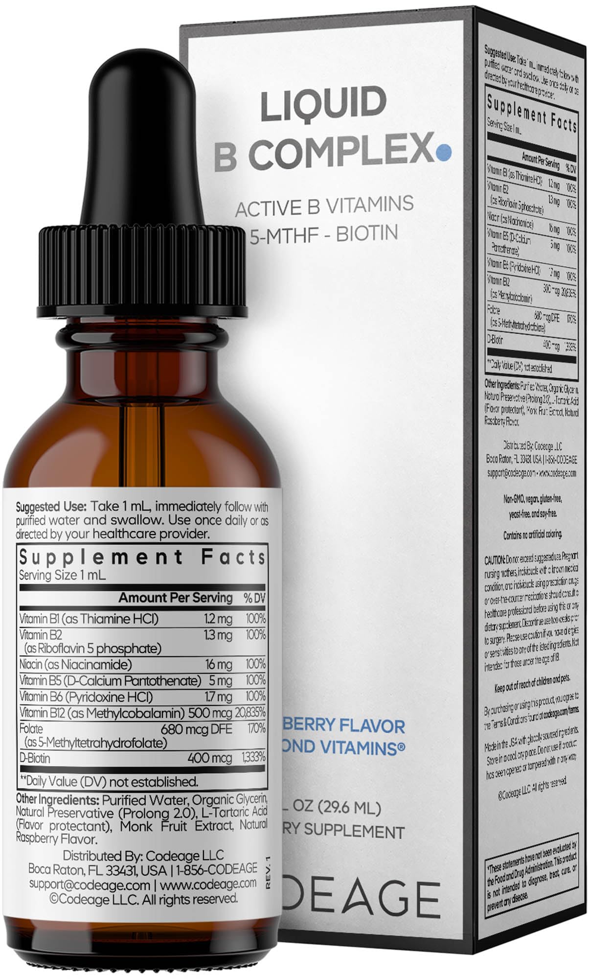 Codeage Liquid B-Complex Supplement with 8 Forms of Vitamin B - Vitamin Thiamine B1, Riboflavin B2, B3, B5, B6, Biotin B7, Active Methylated B9 Folate & B12 - Raspberry Flavor - Non-GMO - 1 fl oz Codeage uk supplements