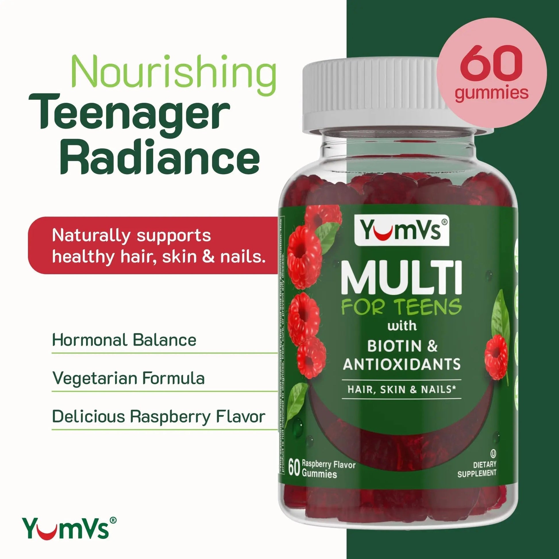 YumVs Teen Multivitamin Gummies with Biotin and Antioxidants - Raspberry Flavor - Hair Skin Nails Support - Kosher Teenager Vitamins YUM-V'S uk supplements