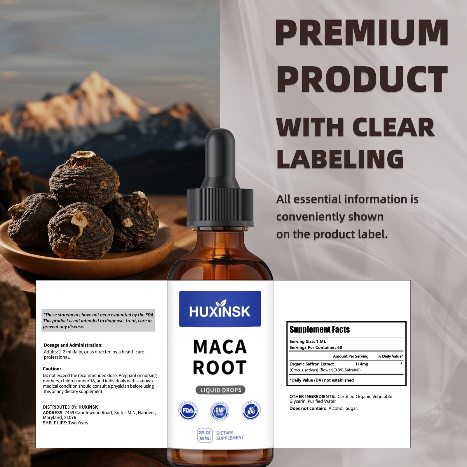 Maca Root Liquid Drops Extract | Peruvian Black & Red Blend | Natural Energy & Hormone Balance | Alcohol-Free, 60ml Vegan Tincture HUXINSK uk supplements