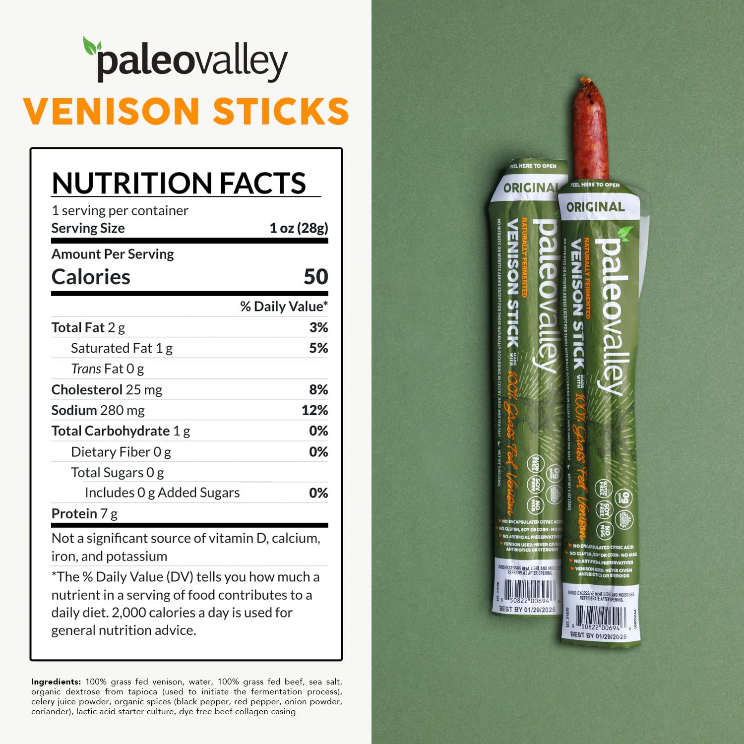 Paleovalley 100% Grass Fed Venison Sticks – 10 Pack – Keto-Friendly, High Protein, Low-Calorie Snack – Omega-3 Rich, Gluten-Free, Nitrate-Free, Naturally Flavored – Healthy On-the-Go Meat Snack Paleovalley uk supplements