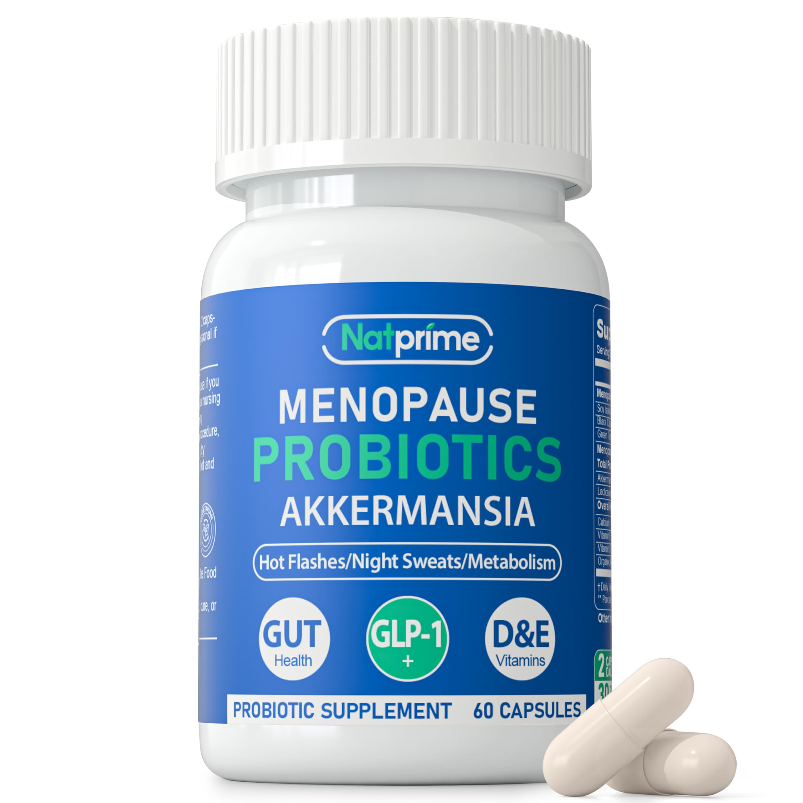 Natprime Menopause Supplements for Women - 60 Billion CFU Akkermansia Probiotic for Hormonal Balance, Night Sweats, Hot Flashes Relief, Gut Health, Mood Support & URO Viginal probiotic - 60 Ct 30 Day Natprime uk supplements