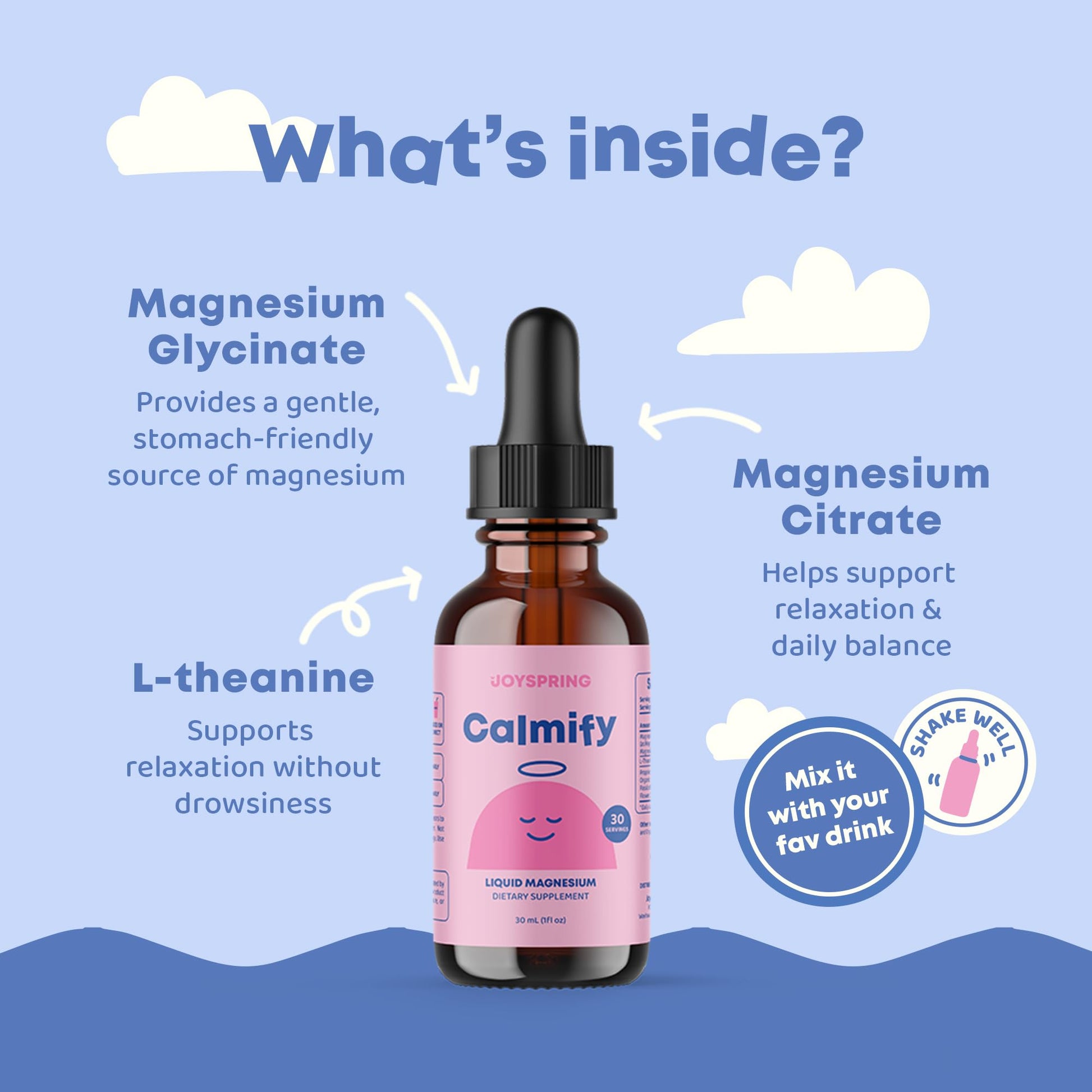 JoySpring Calmify Magnesium Glycinate for Kids | Liquid Magnesium with L-Theanine Supplement | Chamomile Extract & Passion Flower Extract | Sugar-Free Calm Drops | 1 fl oz (30 Servings) JoySpring uk supplements
