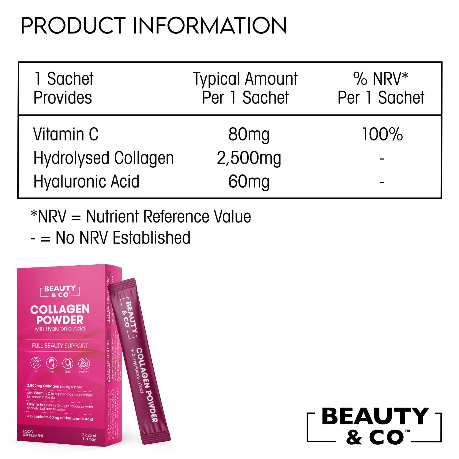 Collagen 2500mg Powder Supplement Boosted with Vitamin C and Hyaluronic Acid (Bovine) Beauty & Co uk supplements