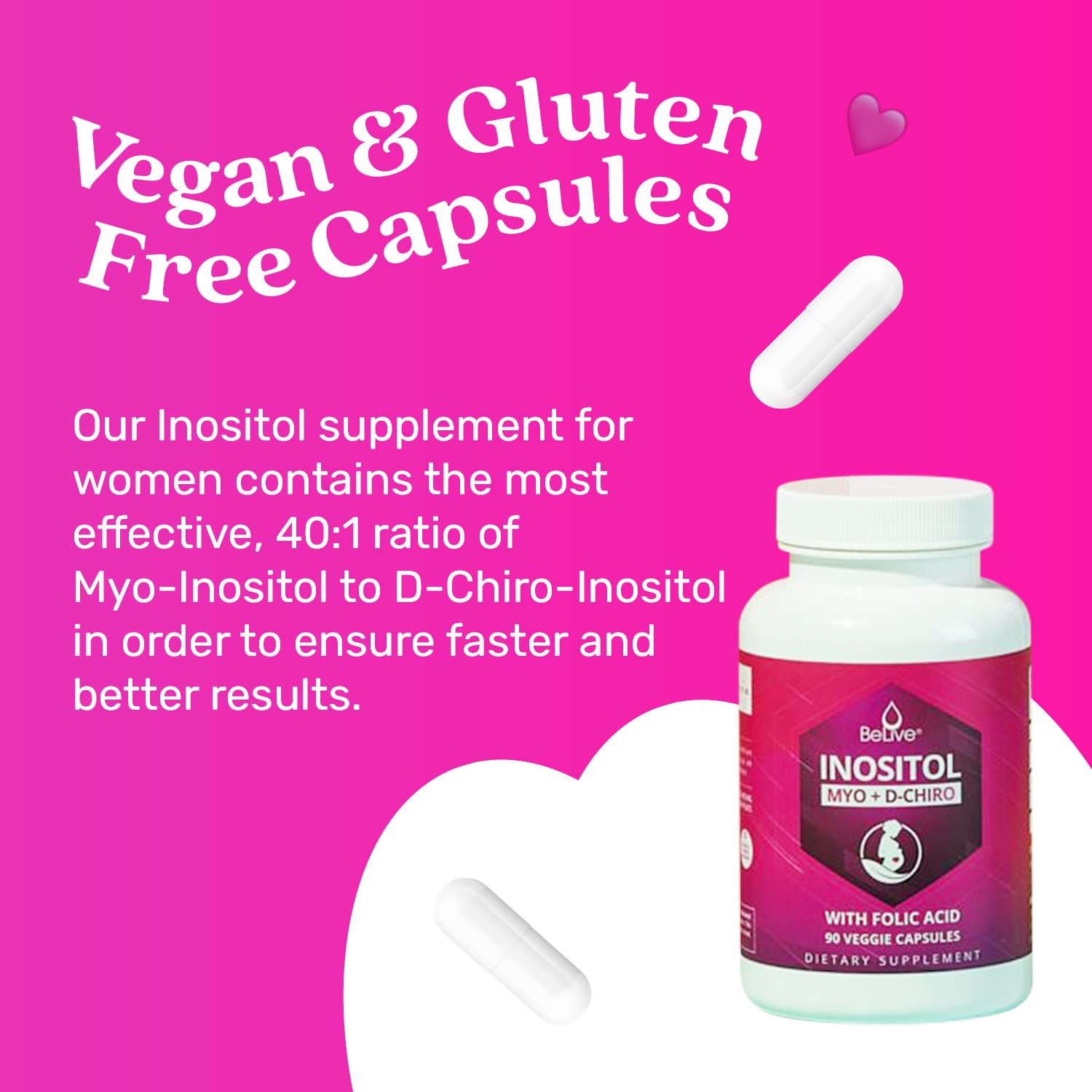 Myo-Inositol & D-Chiro Inositol Capsules with Folic Acid for PCOS | Prenatal Fertility BeLive uk supplements