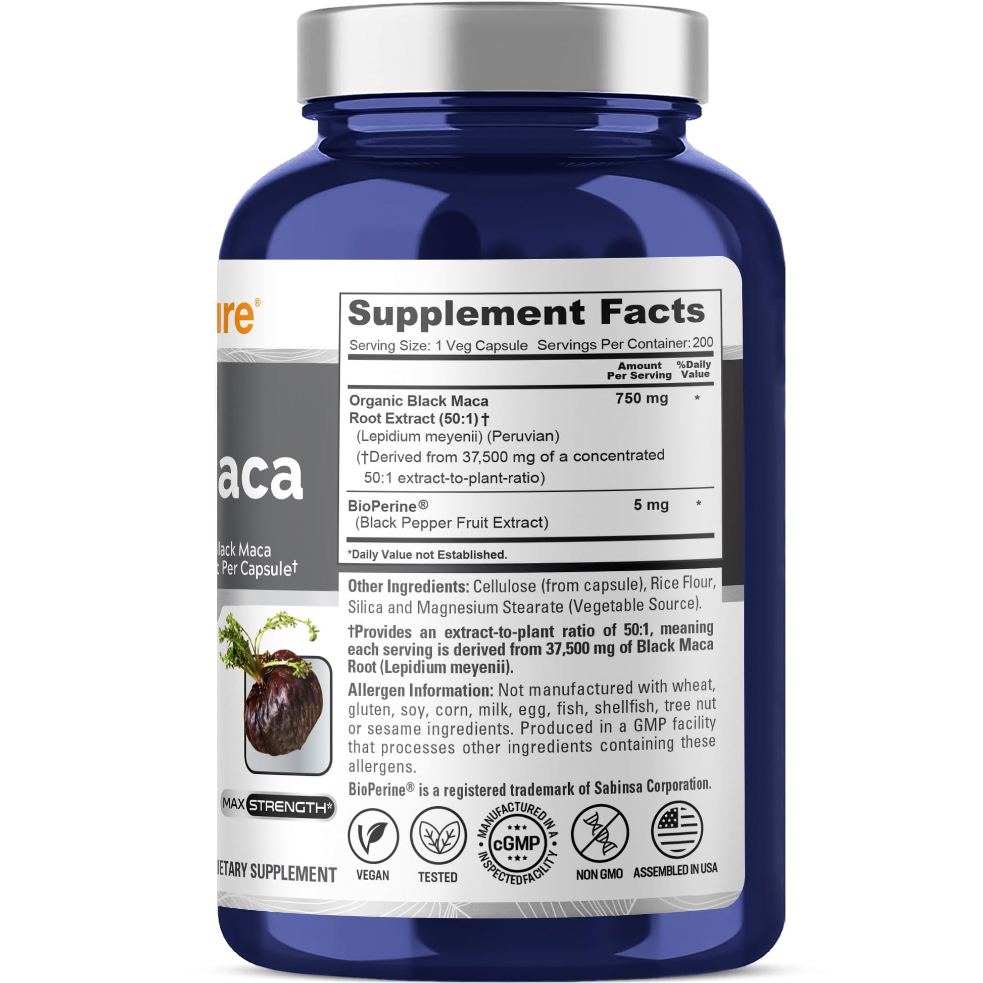 NusaPure Peruvian Black Maca Root Extract 50:1 - Suitable for Vegetarian/Vegan, Non - GMO - 37500 mg - 200 Capsules NusaPure uk supplements