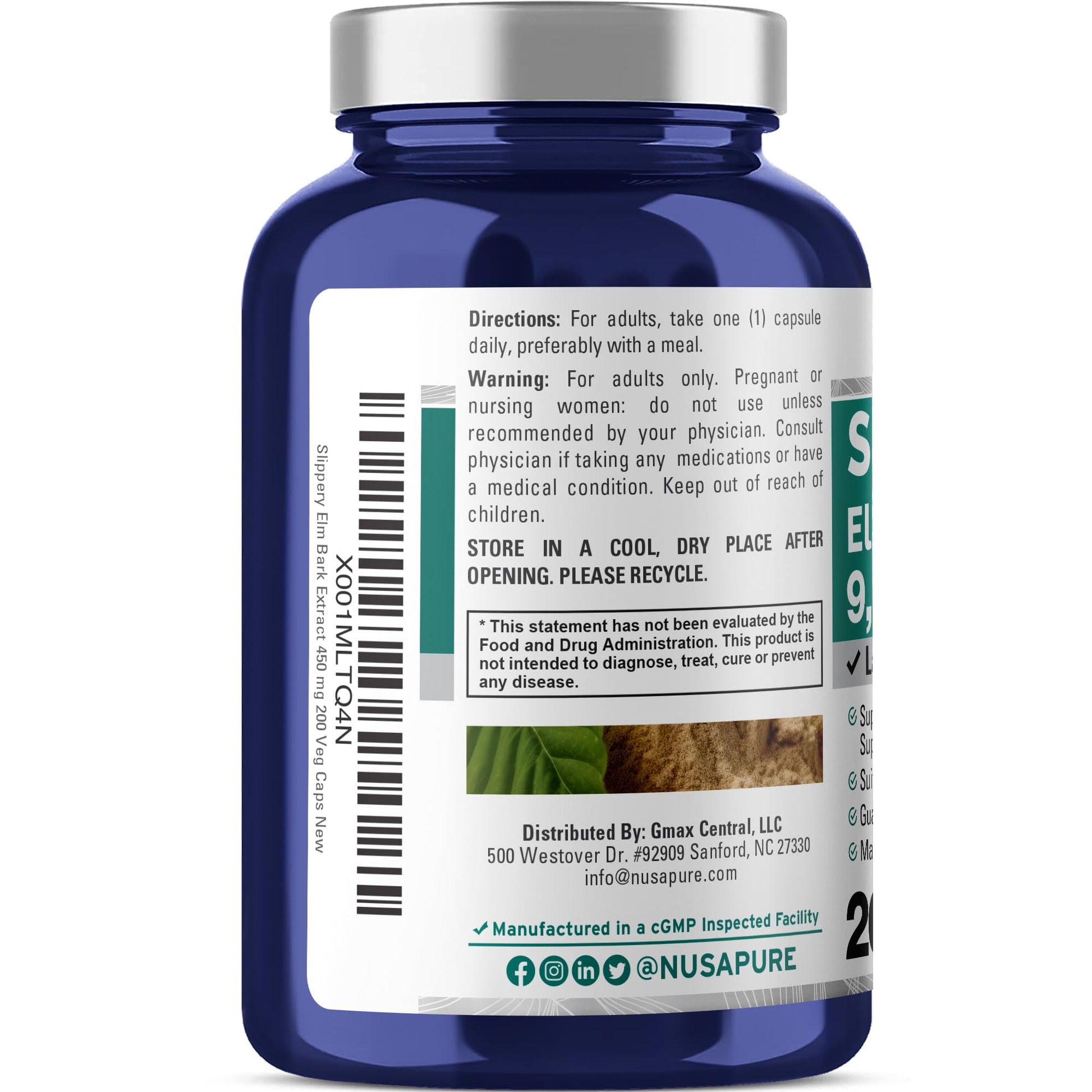 NusaPure Slippery Elm Bark 20:1 Extract, 450 mg Equivalent to 9,000mg 200 Veggie Capsules (Non-GMO, Vegan) NusaPure uk supplements