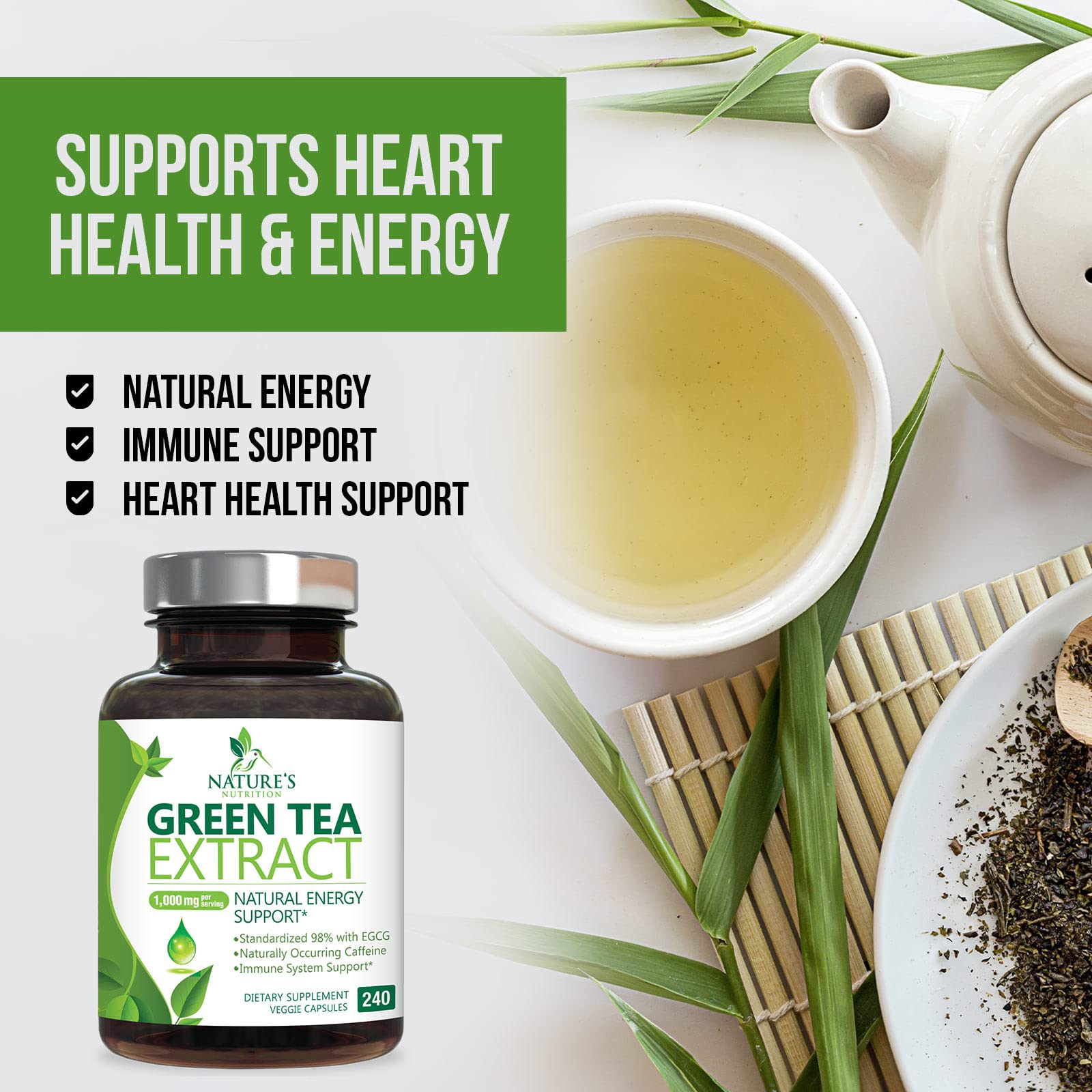 Green Tea Extract Capsules 1000mg 98% Standardized EGCG - 3X Strength for Natural Nature's Nutrition uk supplements