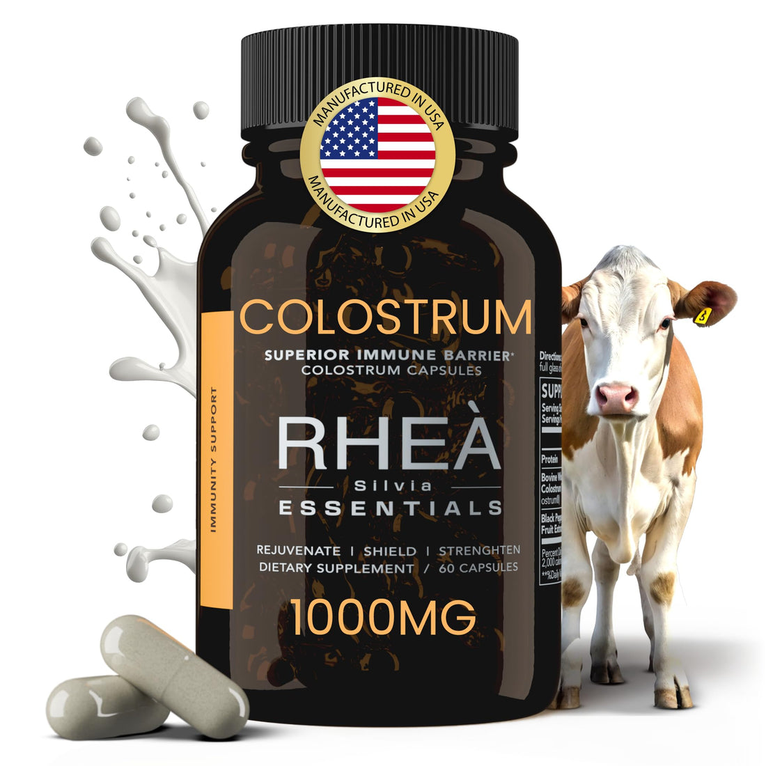 Rhea Bovine Colostrum Supplement for Women, Colostrum Capsules for Gut Health, Digestion, Bloating, Beauty, Immune Support, Bovine Colostrum for Humans, Colostrum Pills (60caps) RHEASILVIA uk supplements