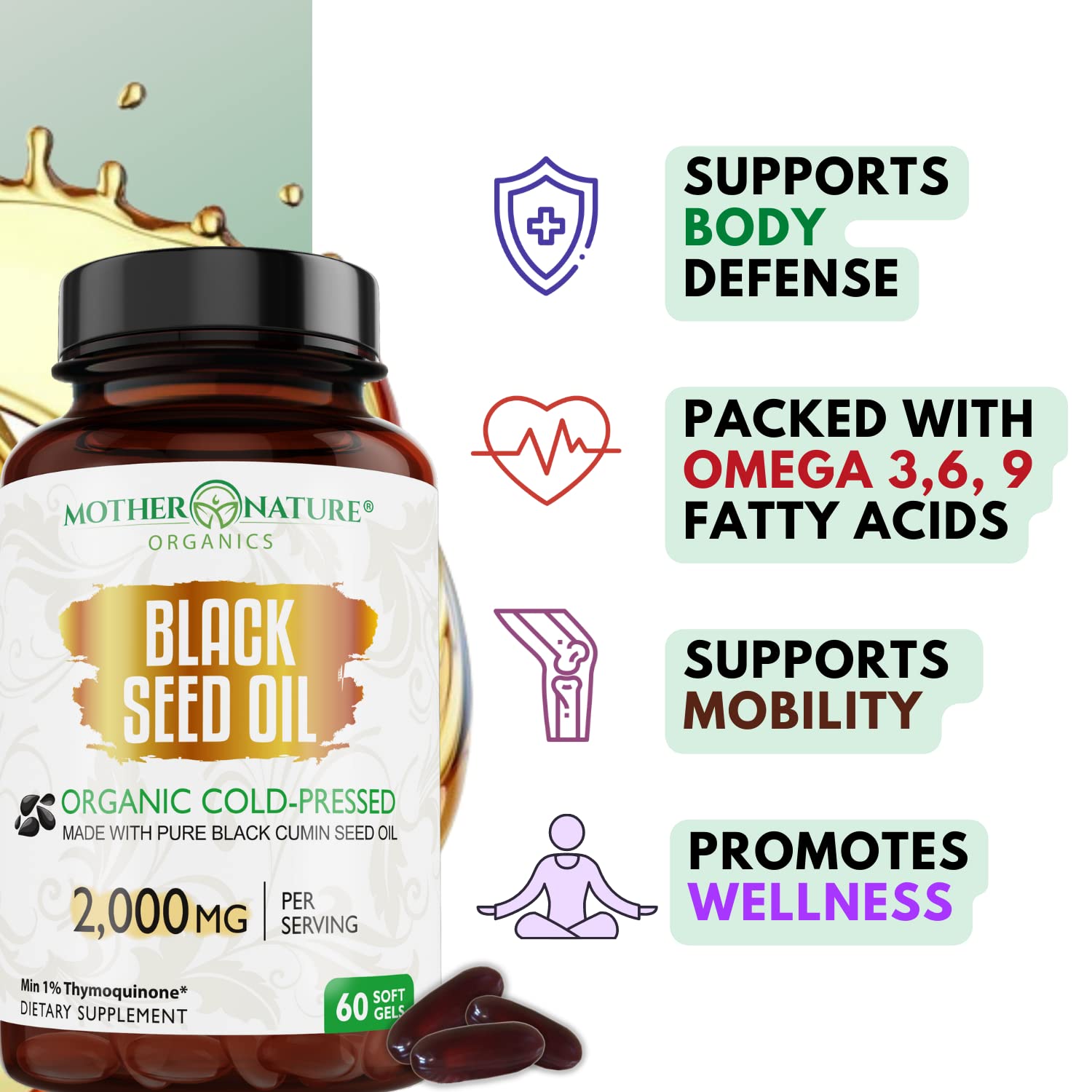 Organic Black Seed Oil 2000mg - 60 Softgel Capsules (Non-GMO) Premium Cold-Pressed Mother Nature Organics Superfoods for Organic Living uk supplements
