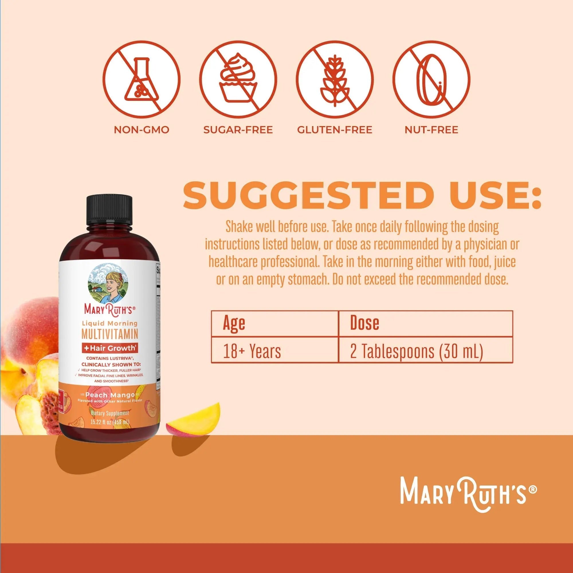 MaryRuth's MaryRuth's Liquid Morning Multivitamin +Hair Growth (Peach Mango, 15.22oz) & Iron Liquid (Berry) | Clean Label Project Verified® | MARYRUTH'S uk supplements