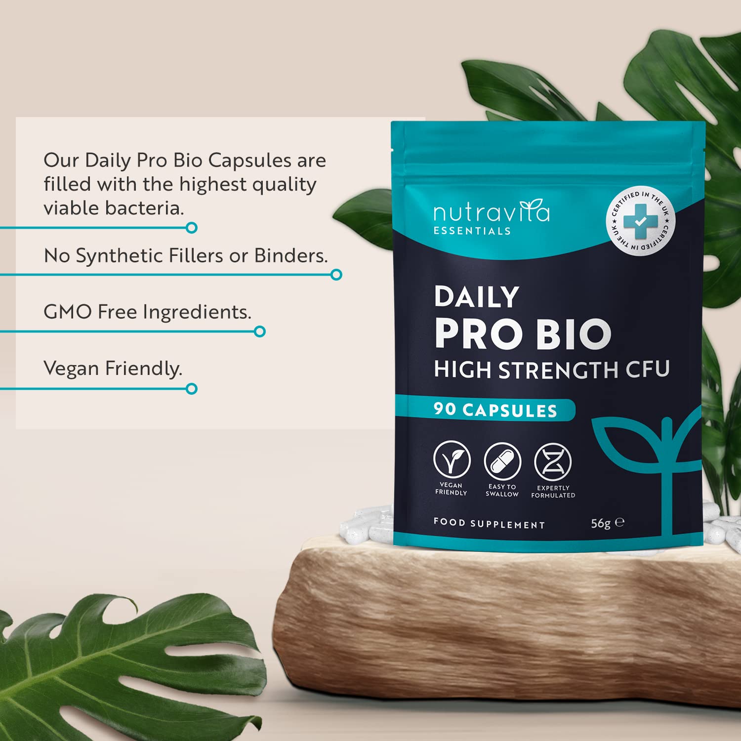 Probiotics for Gut Health - 90 Vegan Capsules (Not Tablets) for Bloating Relief Nutravita uk supplements