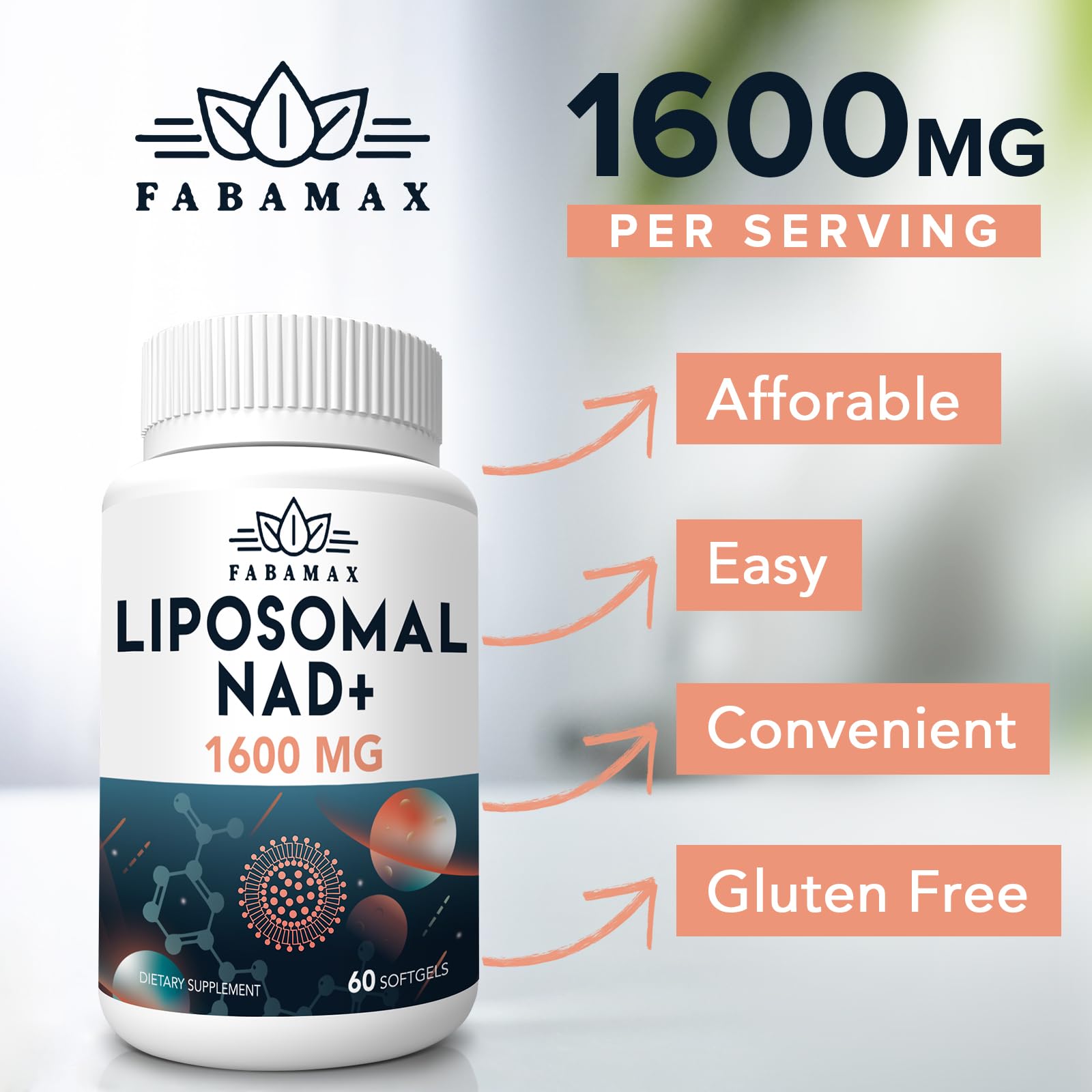 Fabamax 1600 mg Liposomal NAD Supplement, 98% Pure NAD+ Supplement, Superior Absorption, Alternative to Nicotinamide Riboside or NADH to Boost NAD+ for Aging Defense, Energy, Longevity,60 Softgels Fabamax uk supplements