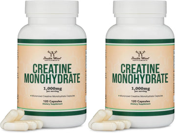 Creatine Monohydrate Capsules - 1g per Serving, 120 Count - No Fillers, Vegan Safe, Non-GMO, Gluten Free by Double Wood (Pack of 2) Double Wood Supplements uk supplements