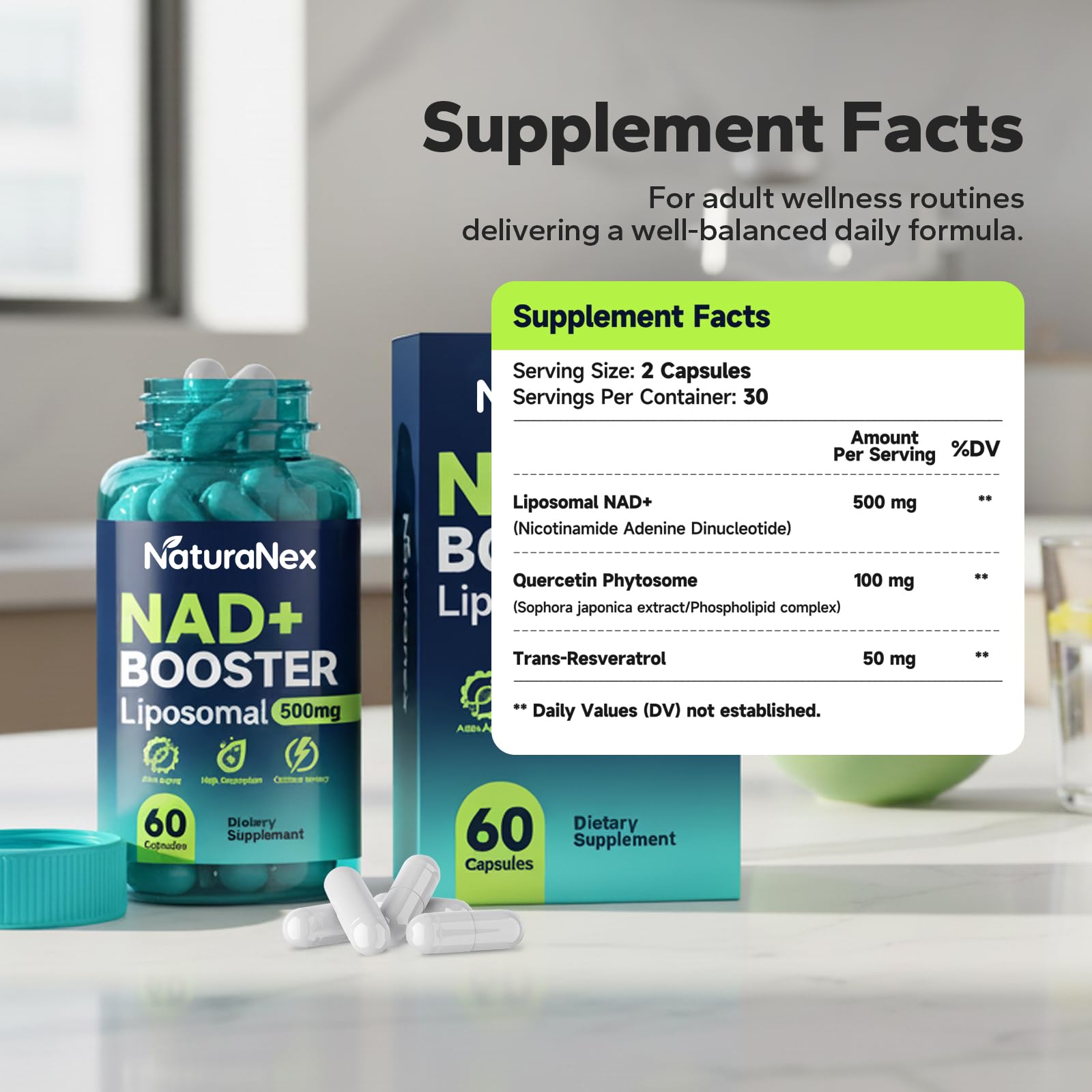 NaturaNex NAD+ Supplement 650mg (60 Capsules), Liposomal NAD+ with Resveratrol & Quercetin, Third-Party Tested, NMN Supplement Alternative NaturaNex uk supplements