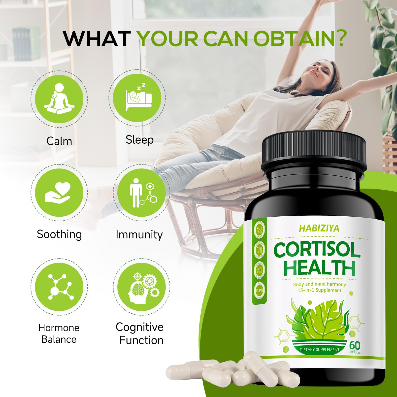 HABIZIYA Cortisol Manager Supplement for Women and Men Adrenal Support with Ashwagandha, Rhodiola Rosea, Holy Basil, Mood & Sleep Support - Non-GMO, Vegan Capsules (60 Count) HABIZIYA uk supplements
