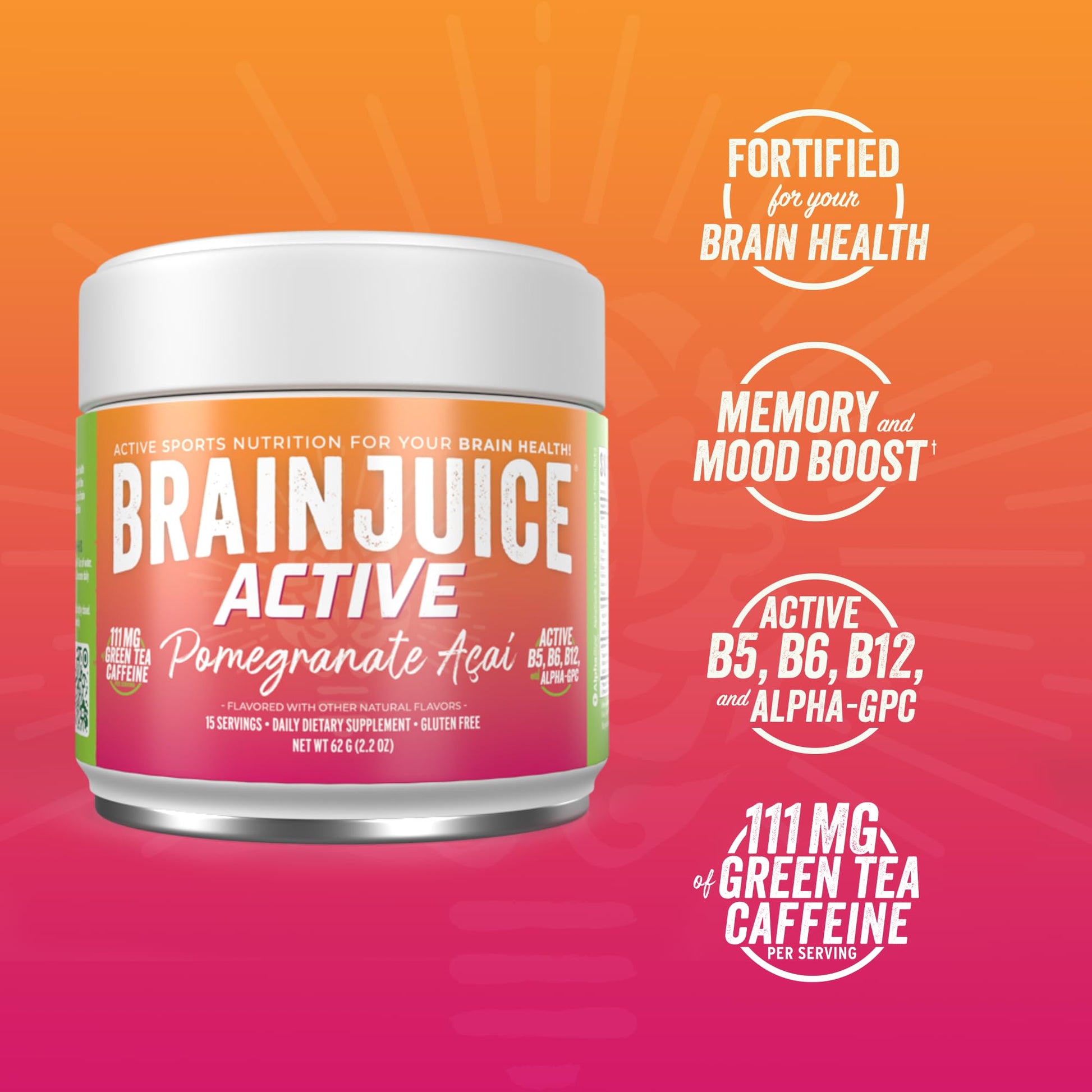 BrainJuice Nootropics Brain Support Supplement, Gluten Free Powder for Energy and Focus, Pre Workout w/Alpha GPC, Vitamin B & Organic Green Tea Extract Caffeine, Active Pomegranate Acai, 15 Servings BrainJuice uk supplements