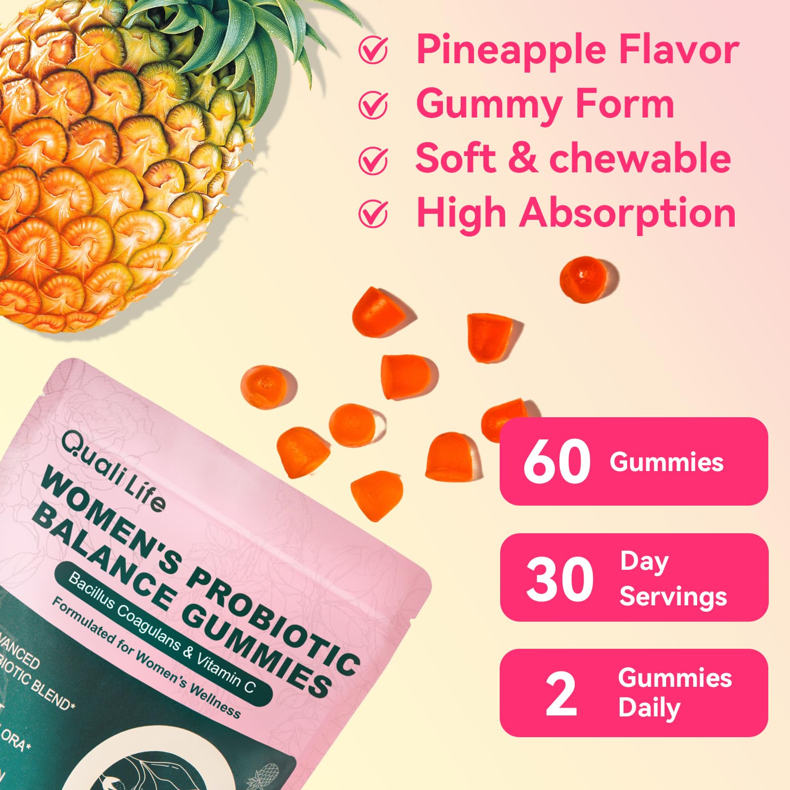 QualiLife Premium Feminine Balance Gummies for Women – Probiotic Vaginal Health Support with Vitamin C – pH Balance & Flora Support – Sugar Free, Vegan, Hawaiian Pineapple Flavor – 60 Gummies (1) QualiLife uk supplements