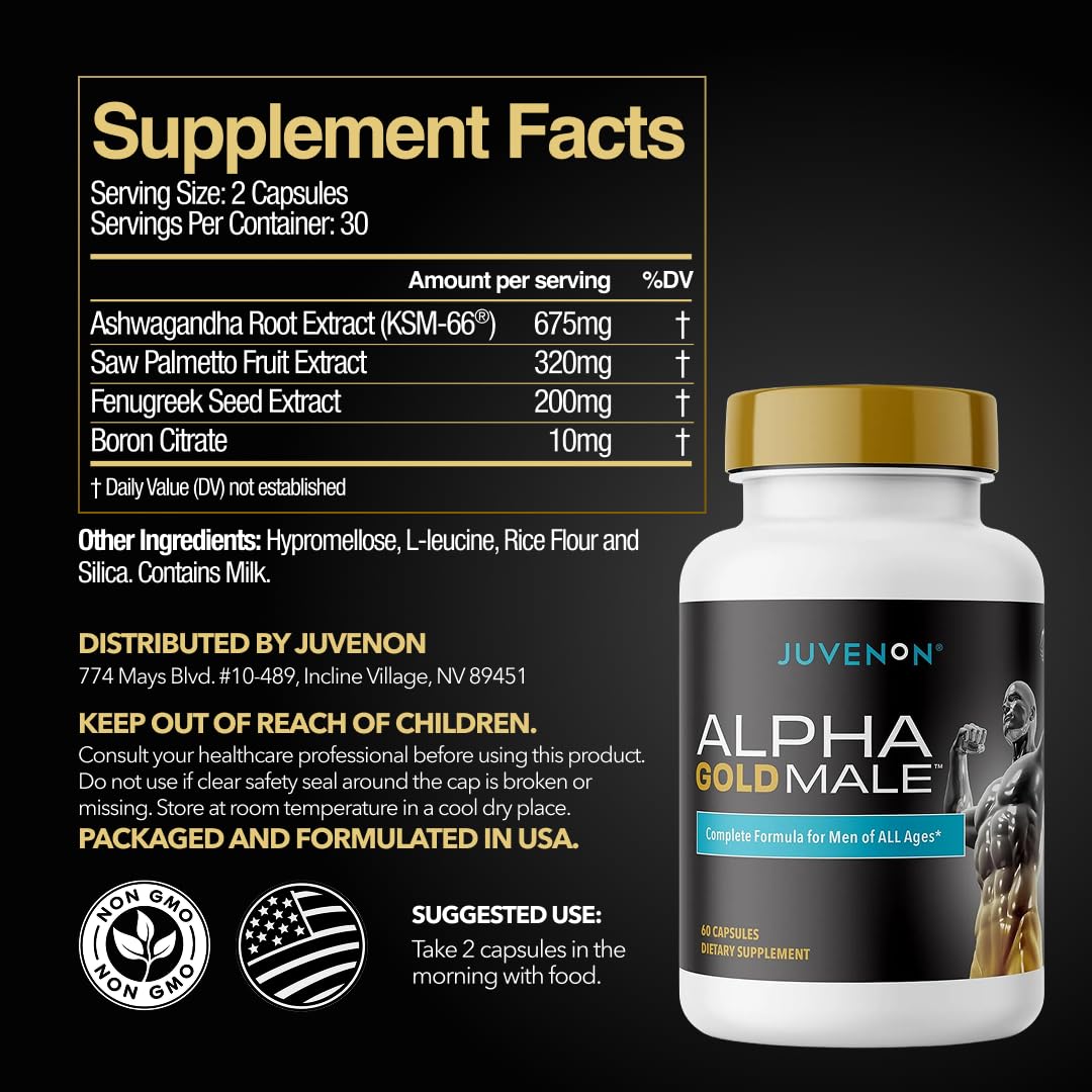 Juvenon Alpha Gold Male Testosterone Booster for Men - T-Support & Male Vitality with KSM-66 Ashwagandha + Fenugreek + Boron Citrate + Saw Palmetto, Non-GMO Vegetarian Capsules Juvenon uk supplements