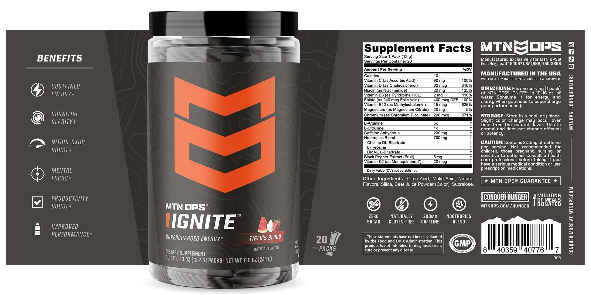 MTN OPS Ignite Trail Packs Energy Drink Powder, Gluten Free Nootropic Supplement Drink Mix, L Arginine, L Citrulline, Caffeine & Nootropic Sugar Free Drink Mix, 20 Servings, Tiger's Blood MTN OPS uk supplements