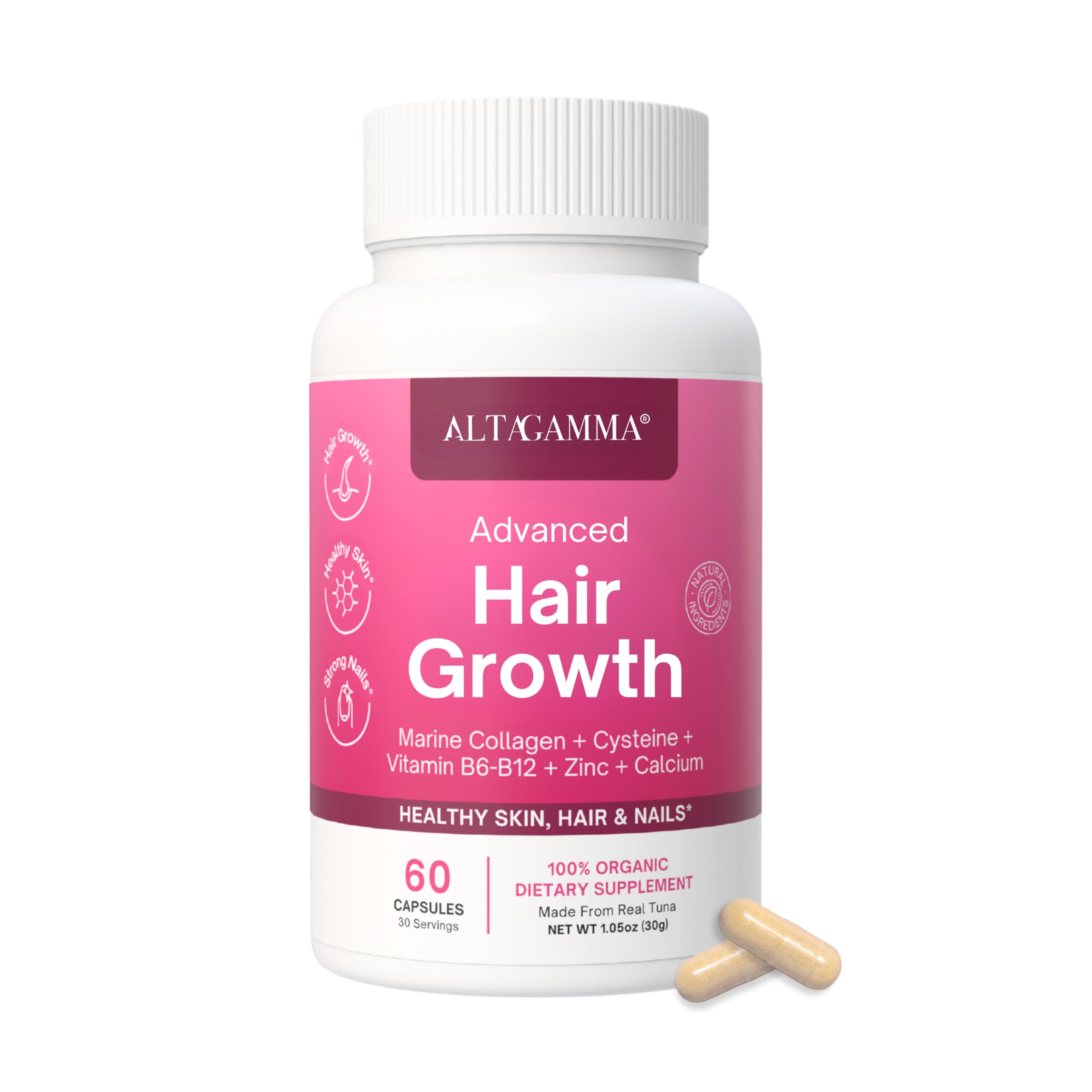 ALTAGAMMA Hair Growth Supplements - Nourishes Thinning, Strengthen Nails & Skin & Combat Hair Loss - Hair Growth Vitamins for Women & Men with Marine Collagen Peptides, 60 Capsules | 30 Day Supply ALTAGAMMA uk supplements