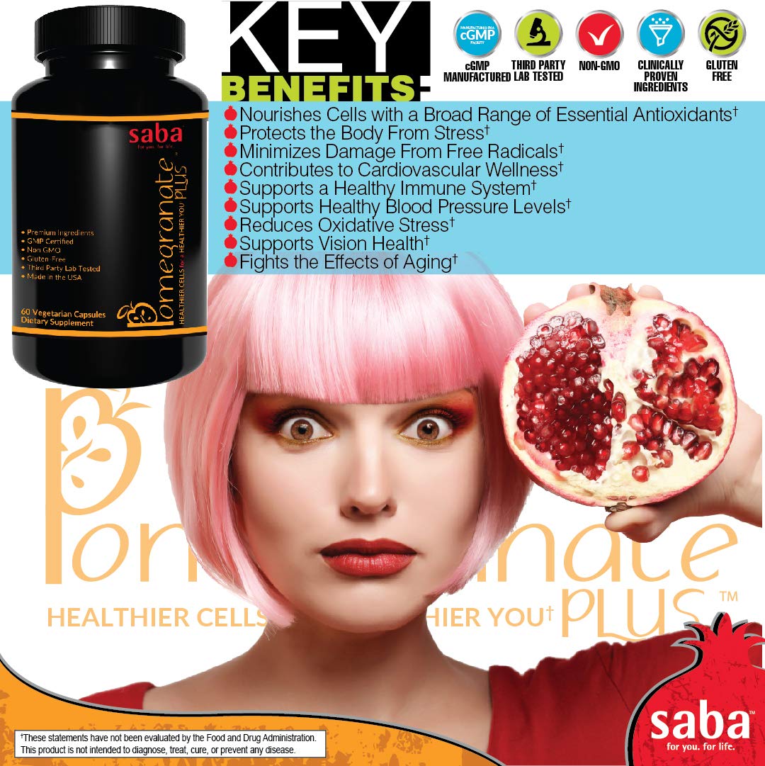 Saba Pomegranate Plus – Antioxidant Supplement with Astaxanthin & Adaptogens | Immune, Skin, Heart & Brain Support | Daily Stress & Cellular Wellness | 60 Capsules Saba uk supplements