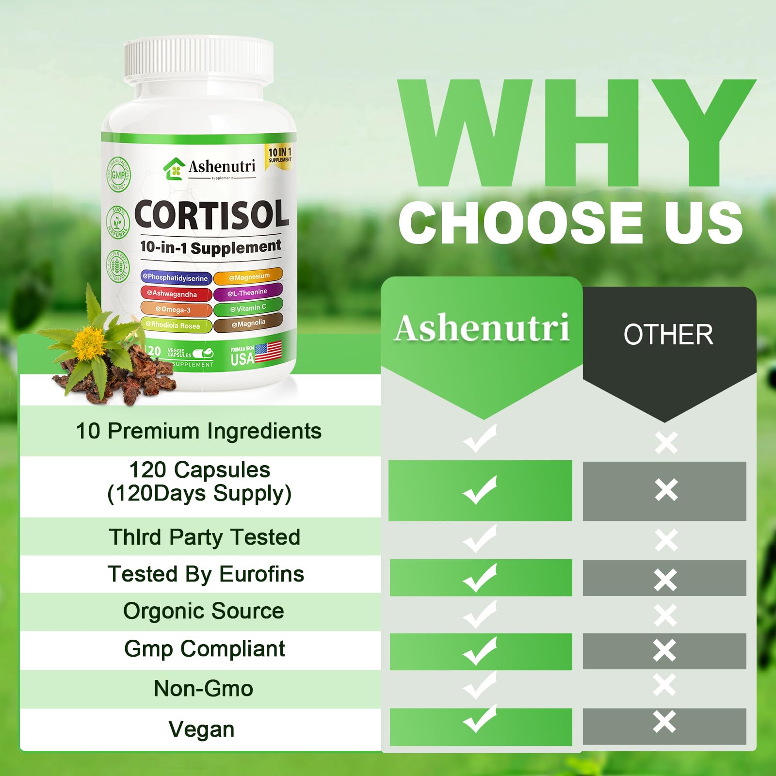 Ashenutri 10-in-1 Cortisol Supplement with Magnesium,Ashwagandha,Rhodiola Rosea,L Theanine,Hormone Balance for Women 120 Vegan Capsules Ashenutri uk supplements