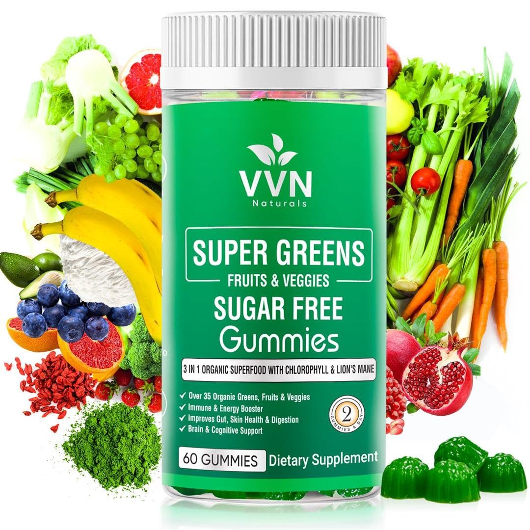 Sugar-Free Real Organic Fruits, Super Greens and Veggies Gummies | 35+ Nutritious & Healthy Greens, Fruits, and Vegetables for Improved Immunity, Skin Health & Energy Boost|60 Vegan Gummies VVN Naturals uk supplements