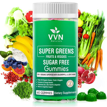 Sugar-Free Real Organic Fruits, Super Greens and Veggies Gummies | 35+ Nutritious & Healthy Greens, Fruits, and Vegetables for Improved Immunity, Skin Health & Energy Boost|60 Vegan Gummies VVN Naturals uk supplements