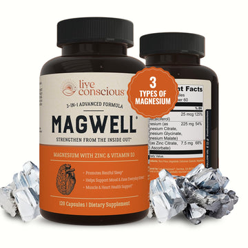 Live Conscious Magwell Magnesium Zinc & Vitamin D3 - Magnesium Glycinate, Malate, & Citrate - Triple Supplement for Women & Men - for Sleep, Bone, Heart, Immune Support - 120 Caps Live Conscious uk supplements
