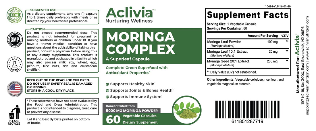 Aclivia - Moringa Complex - Maximum Strength Moringa Oleifera Leaf & Seed Supplement - Superfood Capsules with Antioxidant Properties - 5000mg - 60 Capsules Aclivia uk supplements