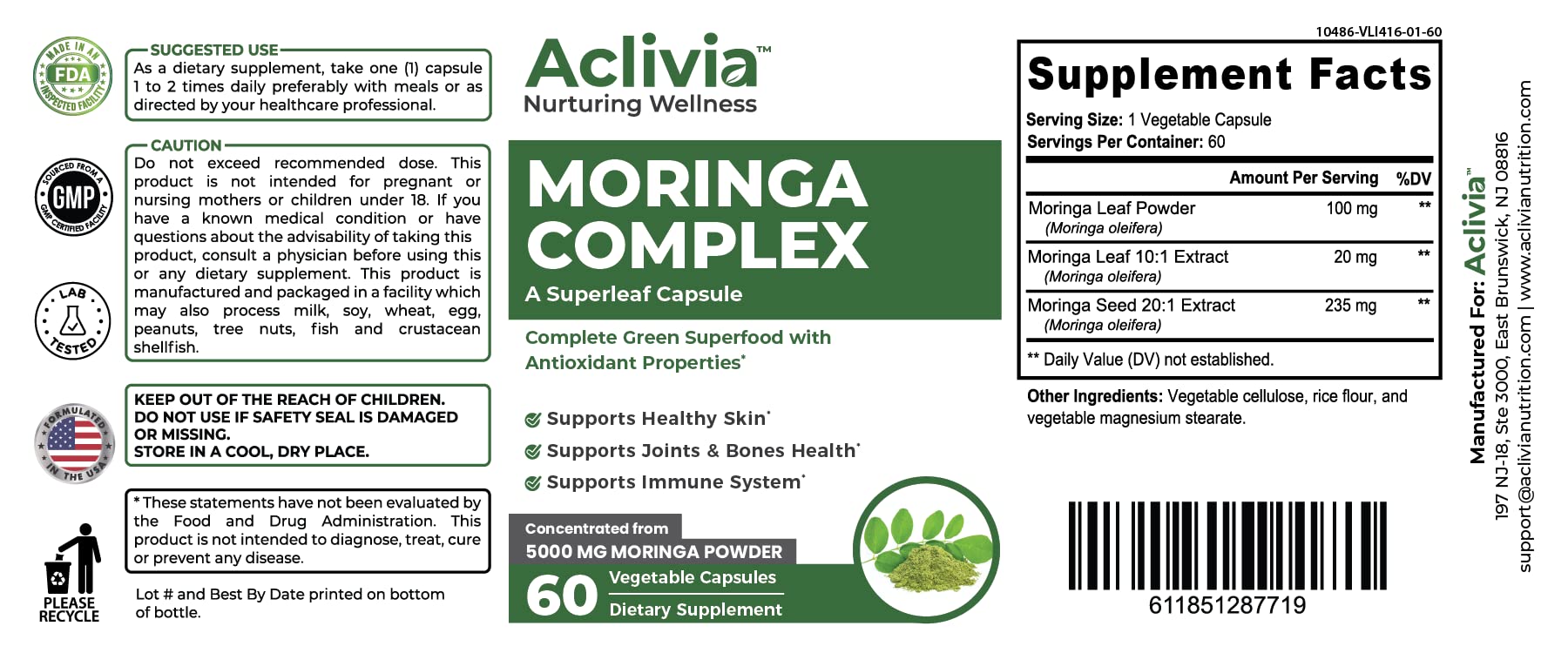 Aclivia - Moringa Complex - Maximum Strength Moringa Oleifera Leaf & Seed Supplement - Superfood Capsules with Antioxidant Properties - 5000mg - 60 Capsules Aclivia uk supplements