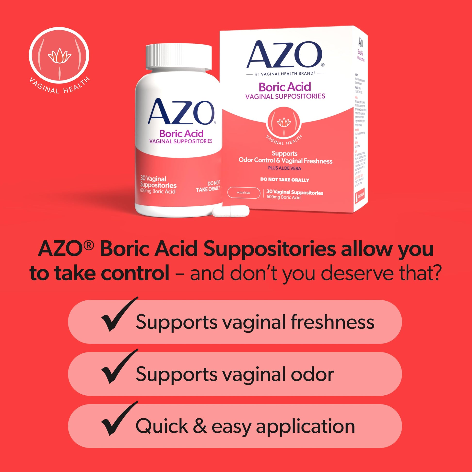 AZO® Boric Acid Vaginal Suppositories for Women, Helps Support Odor Control with Clinically Studied Boric Acid, Non-GMO, 30 Count AZO uk supplements