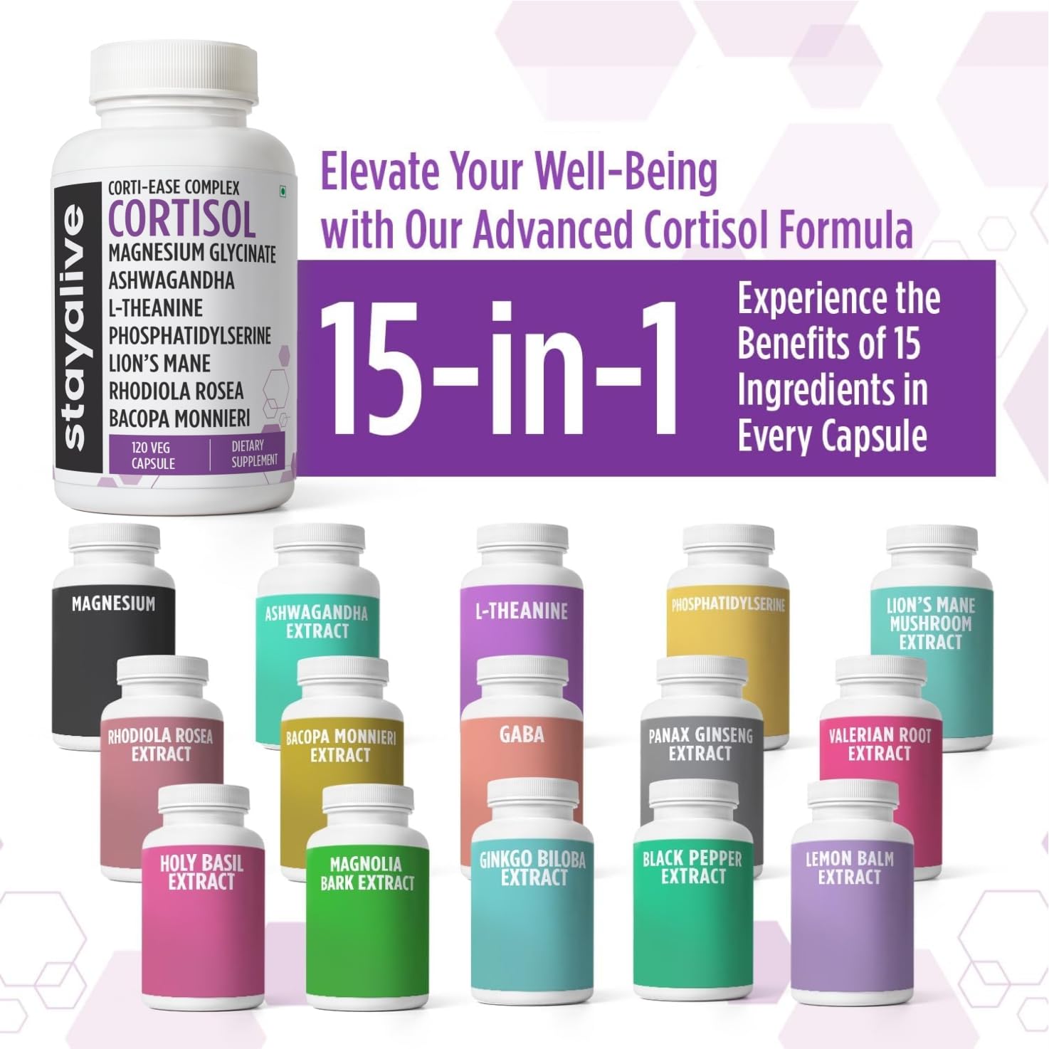 STAY ALIVE Cortisol Manager Supplement 15-in-1 Complex w/L-Theanine, Ashwagandha, Magnesium Glycinate, Phosphatidylserine and More, 120 Veg Capsules, Non-GMO & Gluten-Free Formula for Women and Men STAY ALIVE uk supplements