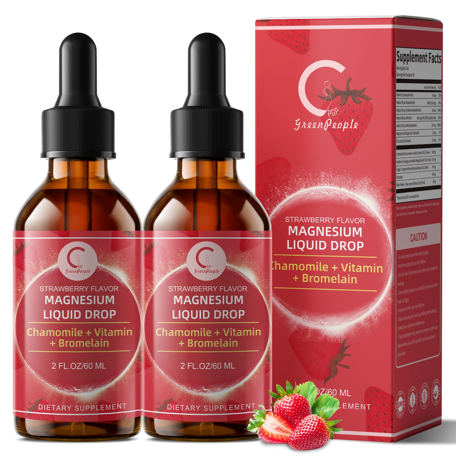 (2 Pack) Magnesium Glycinate Liquid with Chamomile, Hawthorn & Ginger for Stress Relief and Digestive Comfort, Fast Absorption, Non-GMO, Vegan Formula, Sugar Free, Strawberry Flavor, 4 Fl OZ GPGP GreenPeople uk supplements
