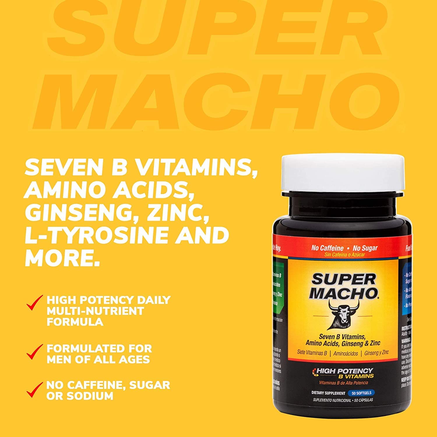 Super Macho Dietary Supplement with High Potency Zinc & 7 B Vitamins, No Preservatives, Sugar or Caffeine, Made in USA, 50 Softgels (3 Pack) Super Macho uk supplements