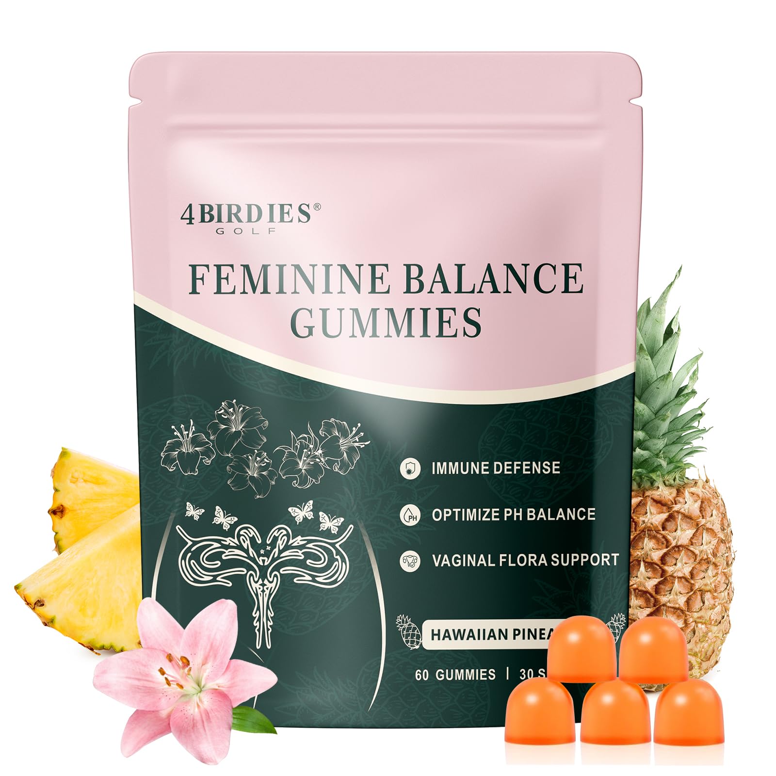 4 BIRDIES GOLF Premium Feminine Balance Gummies for Women's Health, Hawaiian Pineapple Gummies for Women Vaginal Probiotic & pH Balance Support - Vegan - Healthy Odor - Gluten-Free - 60 Count 4 BIRDIES GOLF uk supplements