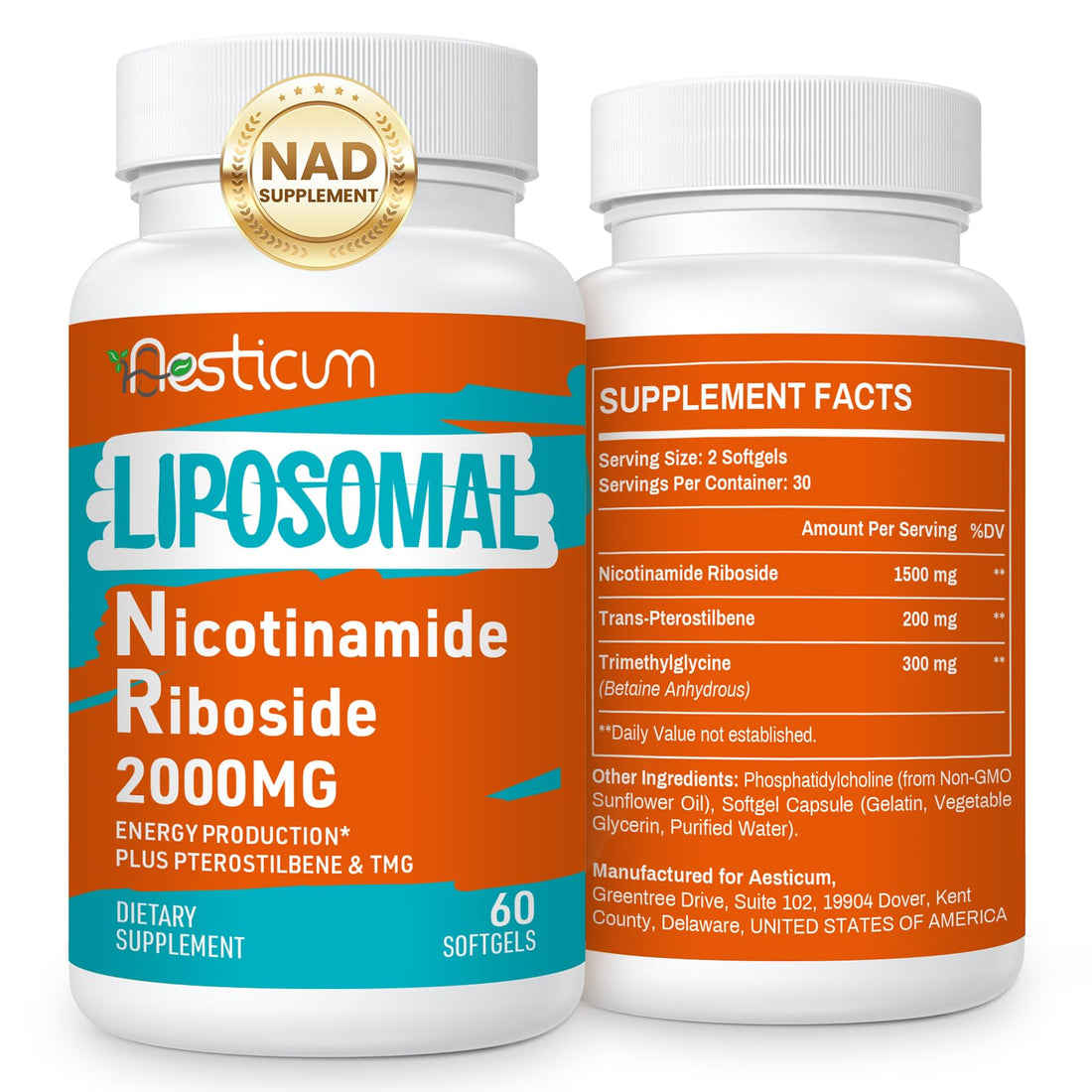 Aesticum 2000 MG Nicotinamide Riboside, NMNH Supplement Alternative, Liposomal Nicotinamide Riboside Supplement with TMG & Pterostilbene - NAD*, Energy, Focus, Immunity, Age Resist - 120 Softgels Aesticum uk supplements