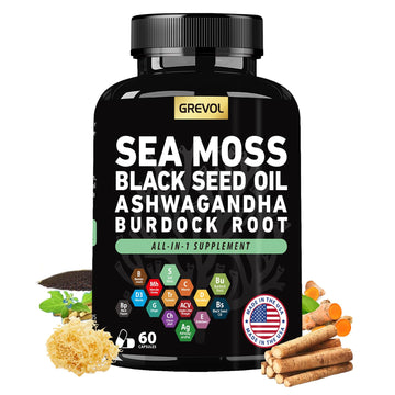 Sea Moss Black Seed Oil Ashwagandha Bladderwrack Burdock Root Turmeric & Vitamin C D3 Elderberry ACV Black Pepper - Multimineral Supplement - 60 Count Grevol uk supplements