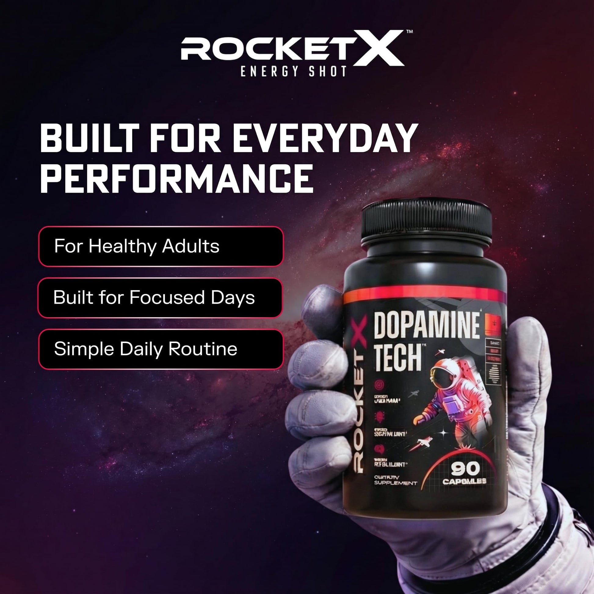 RocketX Dopamine Tech Brain Food Supplement, with L-Tyrosine and B Vitamins for Focus, Mental Clarity and Cognitive Drive, Vegan Capsules, 90 Capsules RocketX Energy uk supplements