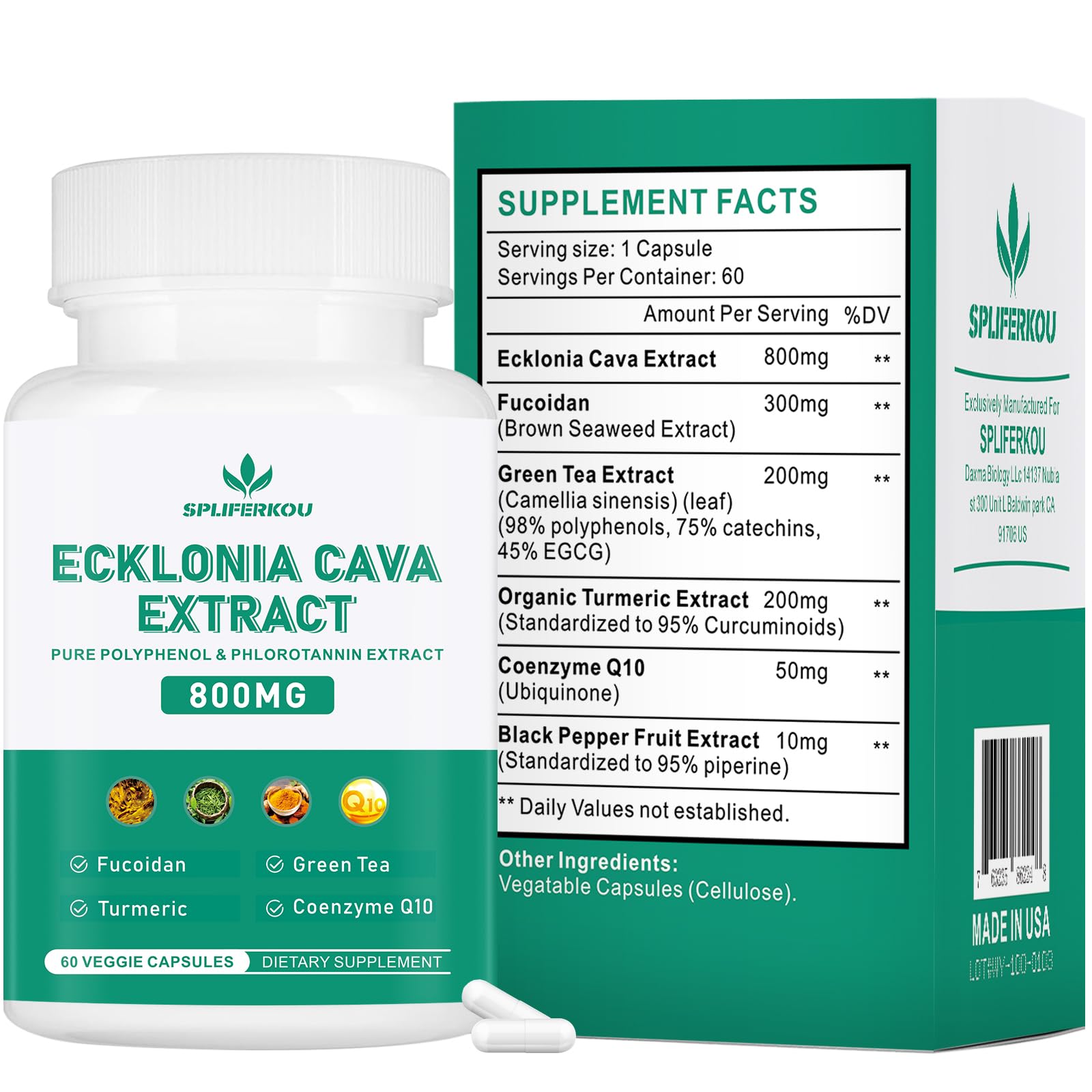 Spliferikou Ecklonia Cava Extract, 800mg, 60 Veggie Capsules with Fucoidan, Green Tea, Turmeric, CoQ10, Dietary Supplement Spliferkou uk supplements
