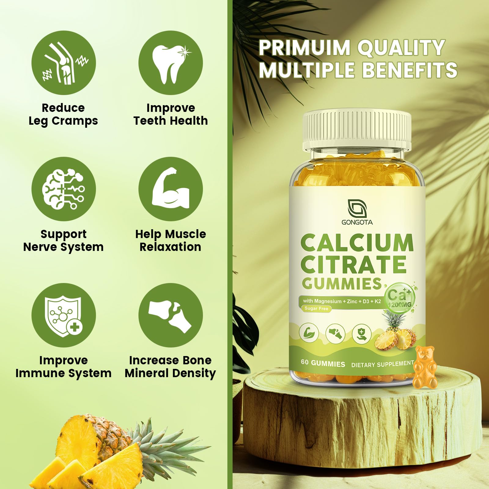 Calcium Citrate Gummies for Women, 1200mg Calcium Citrate Magnesium with Vitamin C D3 K2, Absorption Calcium Supplements for Bone, Muscle, Immune, Sugar Free (120Count) GONGOTA uk supplements