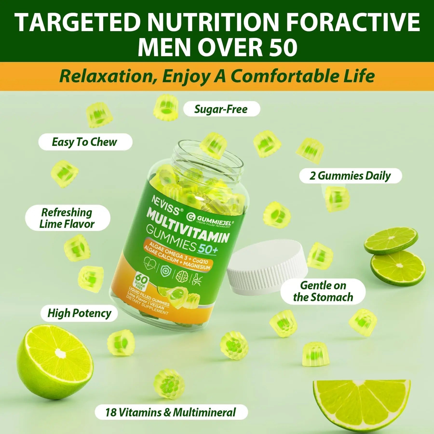 Multivitamin for Men 50 + Plus, Sugar Free Men Multivitamins Gummies w/Omega-3, Coq10, D3k2, Calcium, Magnesium NEVISS uk supplements