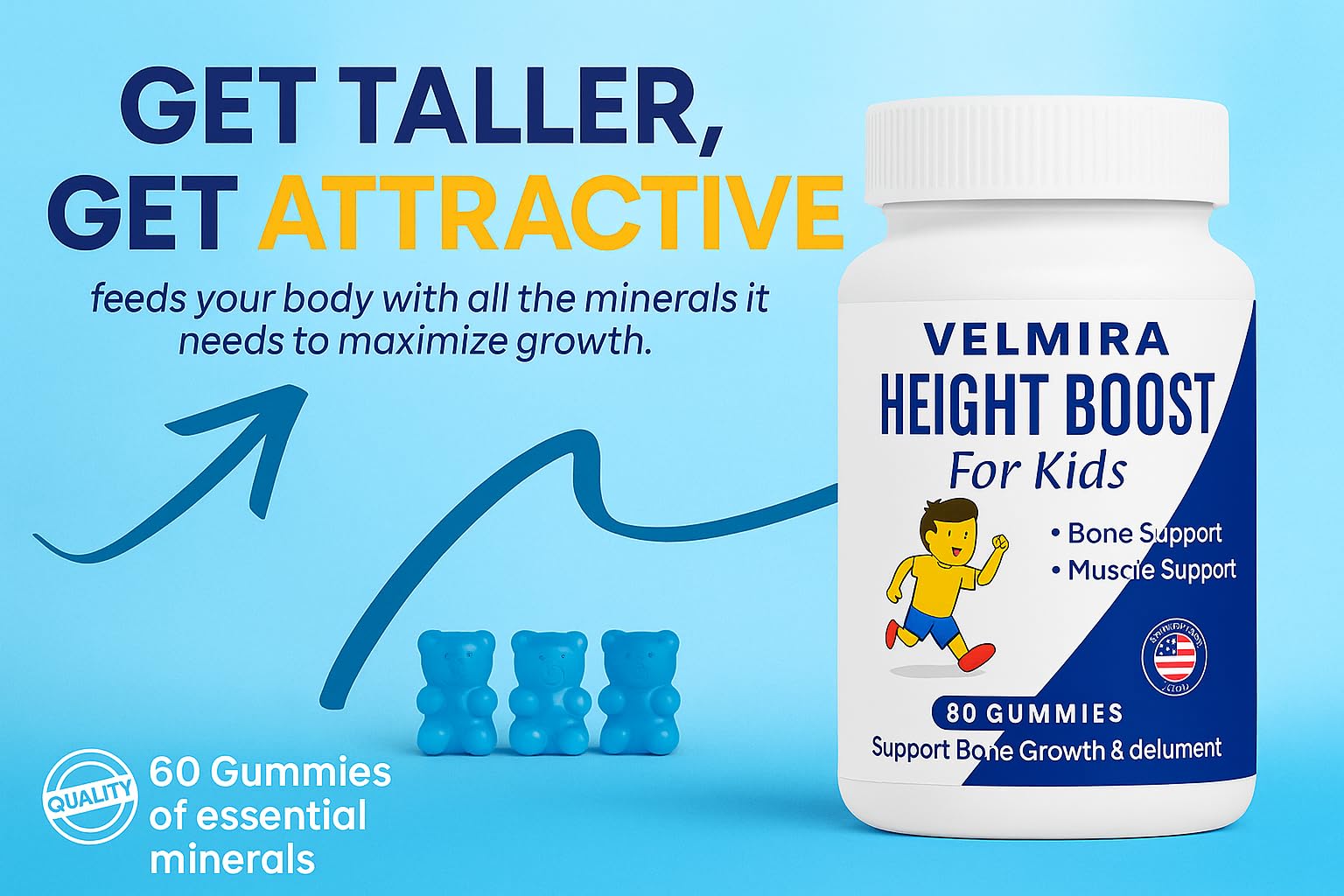 Velmira® Heightener Gummies for Bone Health & Development Support – Essential Vitamins & Minerals, Easy-to-Chew Gummies for Kids, Teens & Adults (Ages 5+) Velmira uk supplements