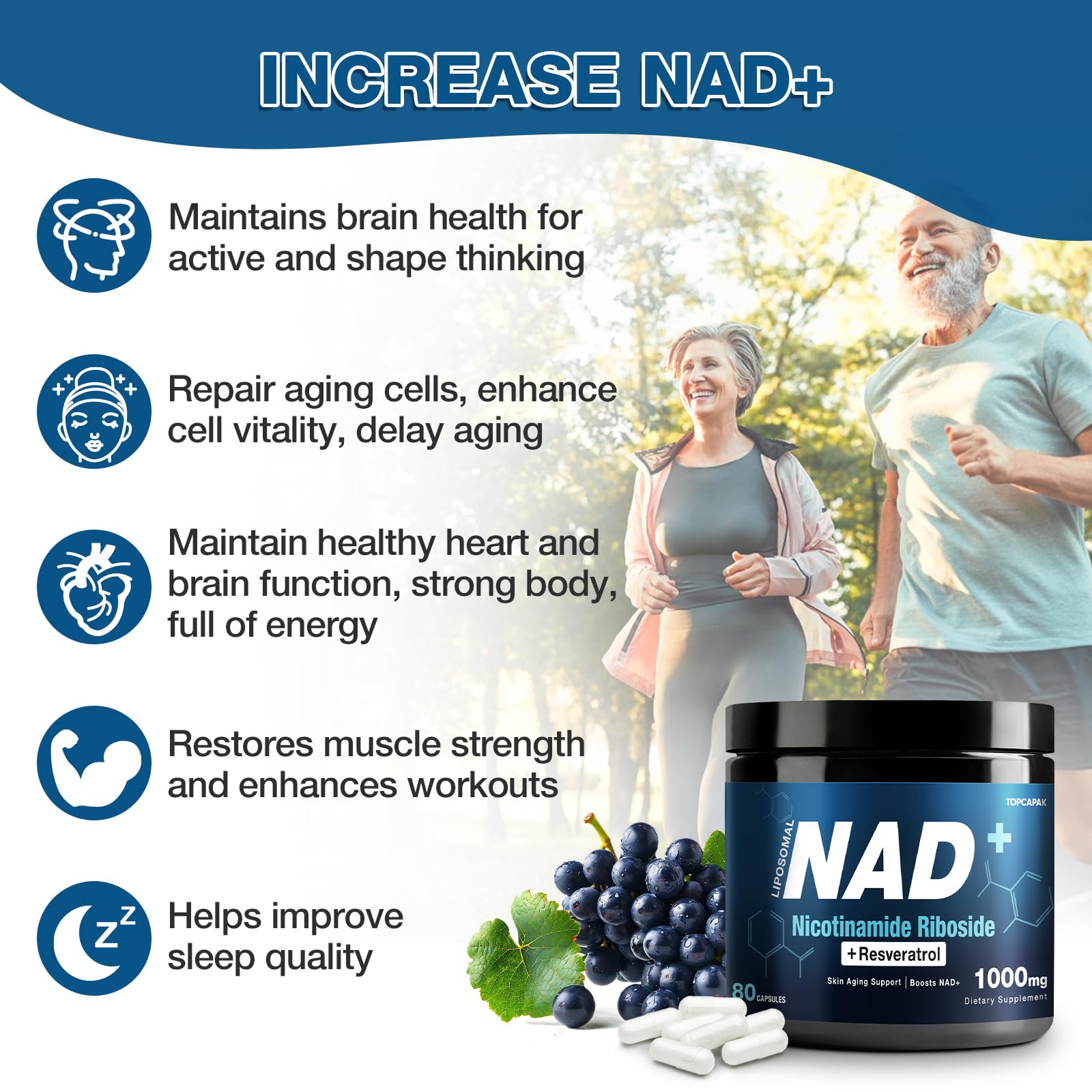 NAD+ Supplement 1000mg - Nicotinamide Riboside (NR) and Resveratrol, Liposomal NAD of Pure Organic Ingredients for Women & Men Healthy Aging, Brain and Cellular Energy, 80 Capsules TOPCAPAK uk supplements